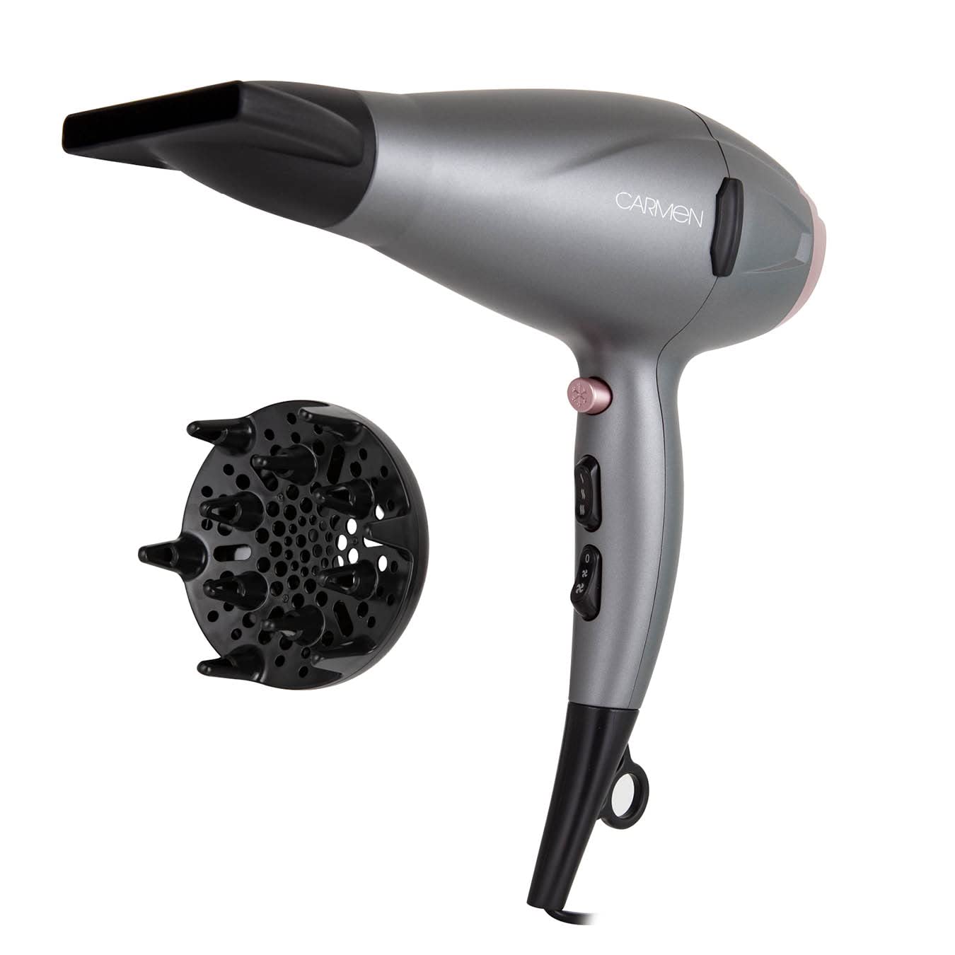 Carmen C81093 Professional Ionic Hair Dryer 2200W - Salon Quality Blow Dryer with Concentrator Nozzle & Diffuser, Matte Grey & Pink | Perfect for Home Use, Styling Salon & Travel