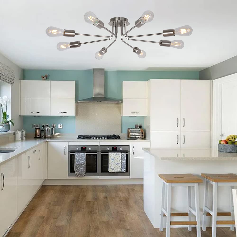 Mid Century Modern 8-Light Chandelier - Brushed Nickel Semi-Flush Mount Ceiling Light Fixture for Kitchen, Dining Room & Living Room | Elegant Lighting for Home Decor