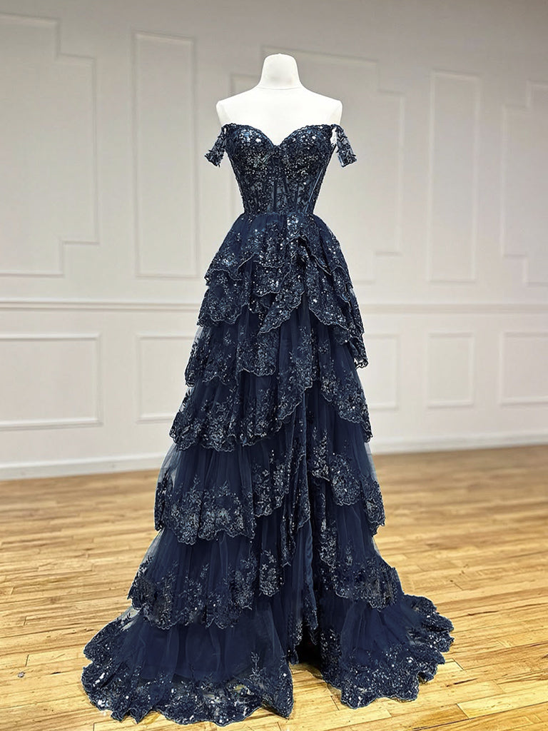 Elegant A-Line Tulle Sequin Dark Blue Long Prom Dress for Women - Formal Evening Gown for Homecoming, Ball, Wedding & Special Occasions