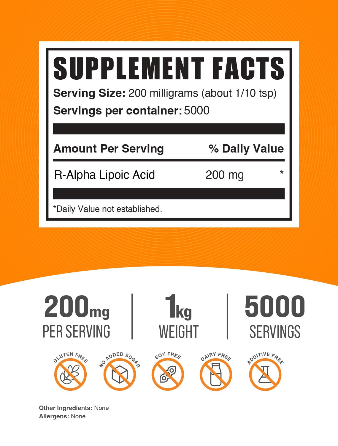 BulkSupplements.com R-Alpha Lipoic Acid Powder 200mg - Premium R-ALA Antioxidant Supplement, Gluten Free, 1kg (2.2 lbs) - Supports Energy Metabolism & Cellular Health for Active Lifestyles