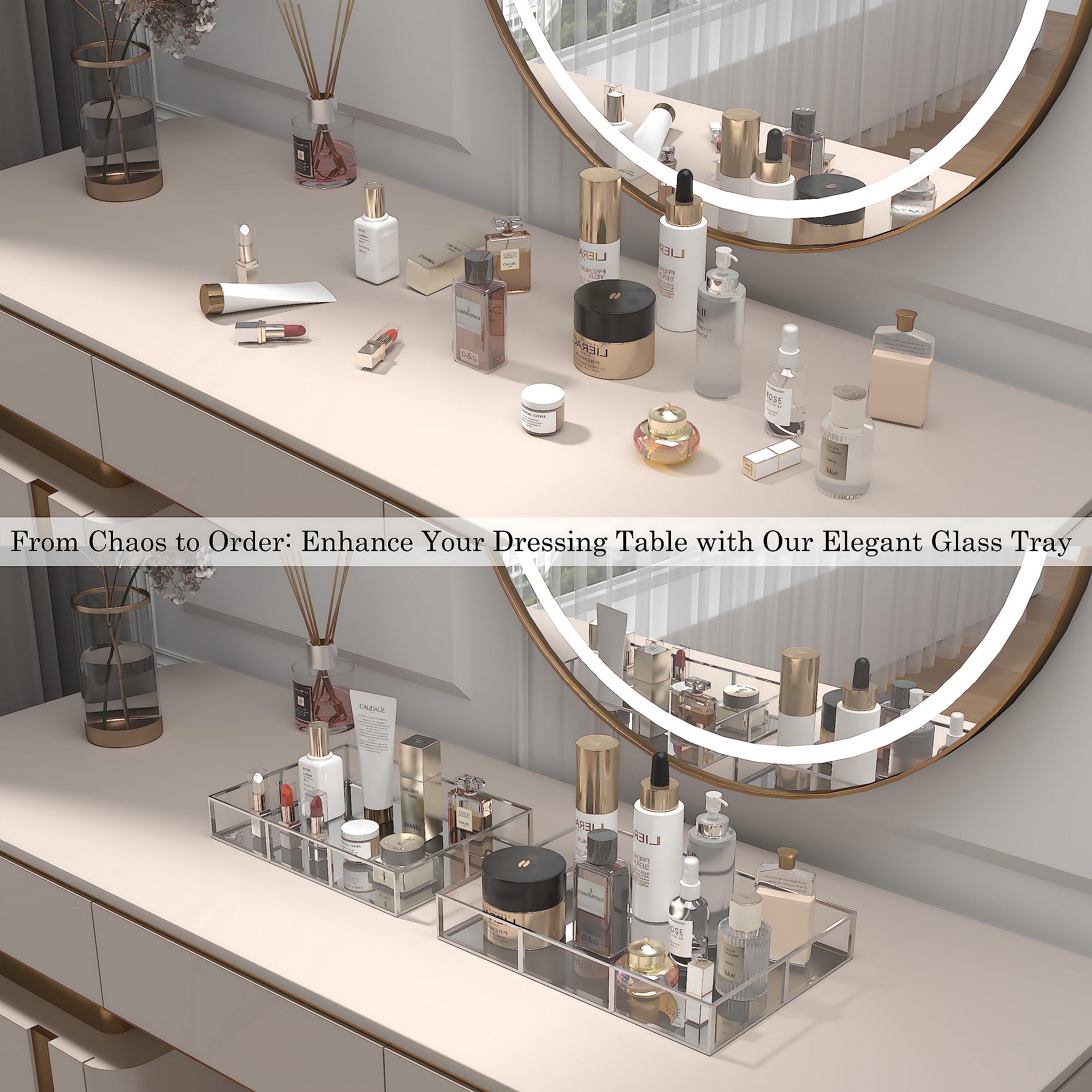 Elegant Gold Vanity Tray Set with Metal Frame - 2 Piece Decorative Perfume & Jewelry Tray for Bathroom, Dresser, or Home Decor - Perfect for Organizing Fragrances, Cosmetics & Accessories
