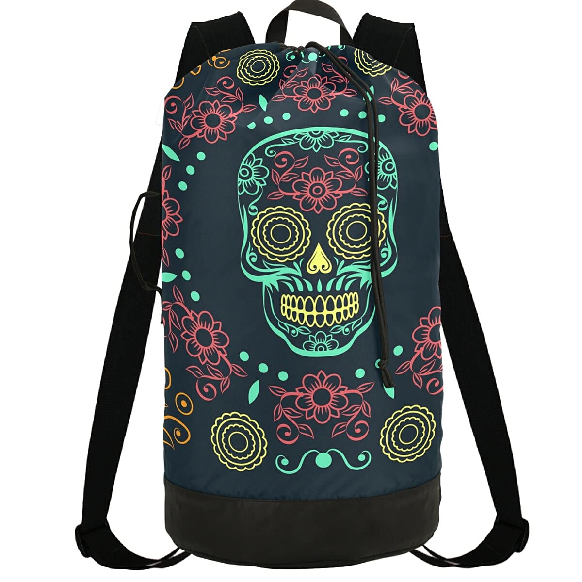 Day of the Dead Dia de Muertos Halloween Mexican Skull Laundry Bag - Adjustable Strap Washable Heavy Duty Large Drawstring Laundry Backpack for College, Laundromat & Apartment - Perfect for Travel, Dorm Room & Festival Costume Storage