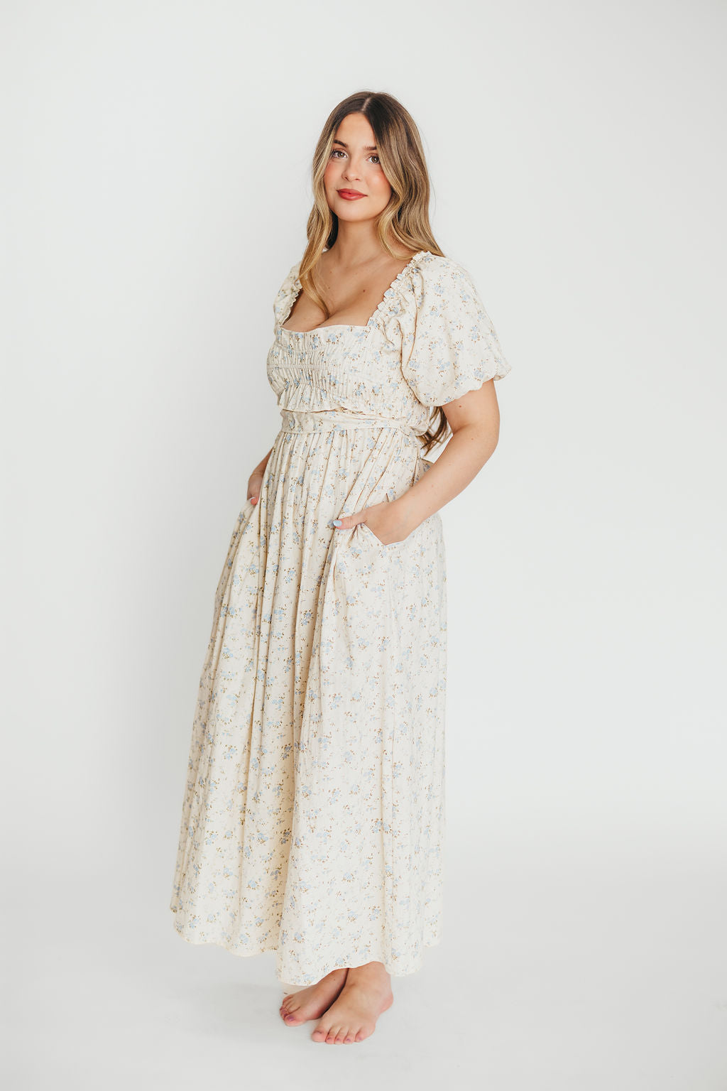 Finley 100% Cotton Peplum Midi Dress - Ivory & Blue - Bump & Nursing Friendly Maternity Dress for Pregnancy & Breastfeeding | Perfect for Casual Outings, Baby Showers & Nursing Dates