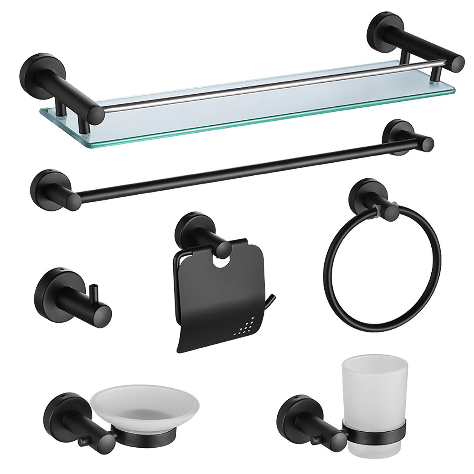 7-Piece Black Wall Mounted Bathroom Hardware Set - SUS 304 Stainless Steel Towel Holder, Toilet Roll Holder & Coat Hooks - Modern Kitchen & Bath Accessories for Home Decor & Space Saving Organization