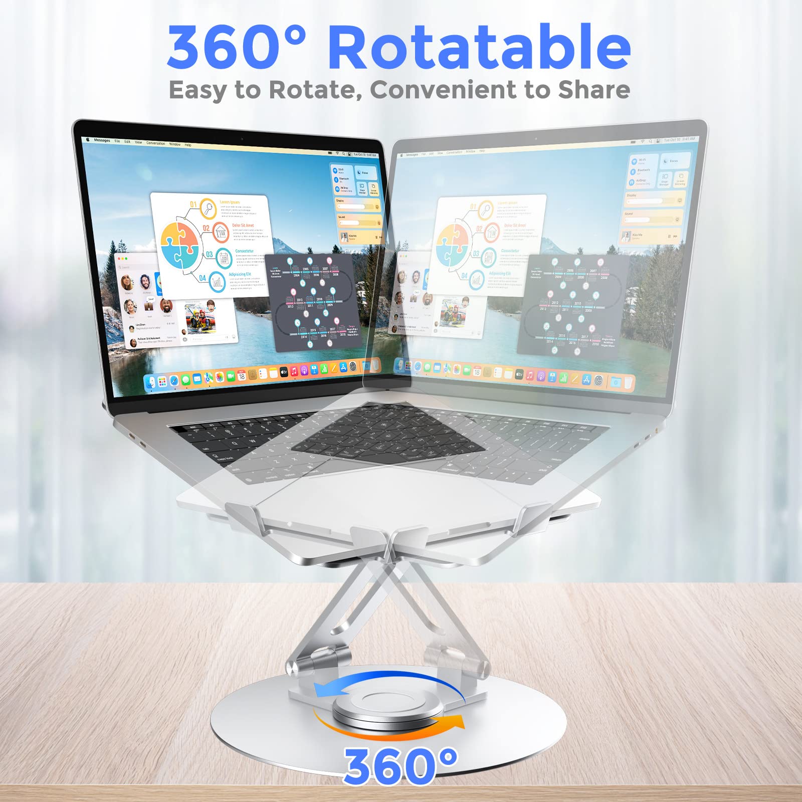 Swivel Laptop Stand for Desk - Adjustable Height Aluminum Computer Stand with 360° Rotating Base, Foldable Ergonomic Riser, Portable Laptop Holder for MacBook & All 10-17'' Laptops, Chrome - Perfect for Home Office, Gaming & Workstations
