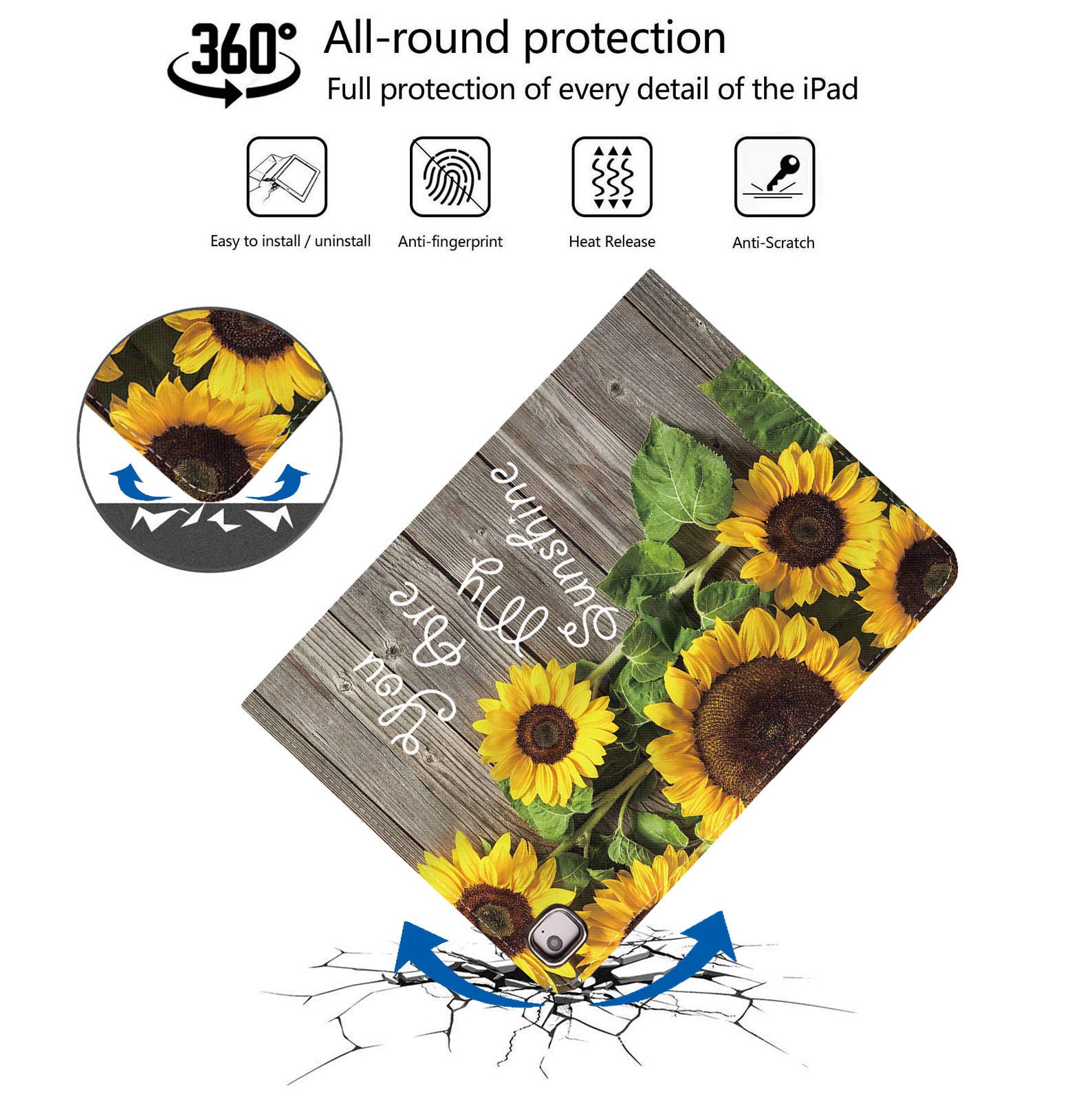 LACOMA iPad 9.7 Case (2017/2018) & iPad Air 1/2 Case - Soft Rubber Back Cover with Protective Leather Stand, Auto Wake/Sleep for iPad 6th/5th Generation - Sunflower Design 