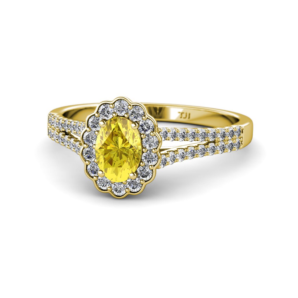 7x5mm Yellow Sapphire Diamond Halo Ring - 14K Gold for Engagement