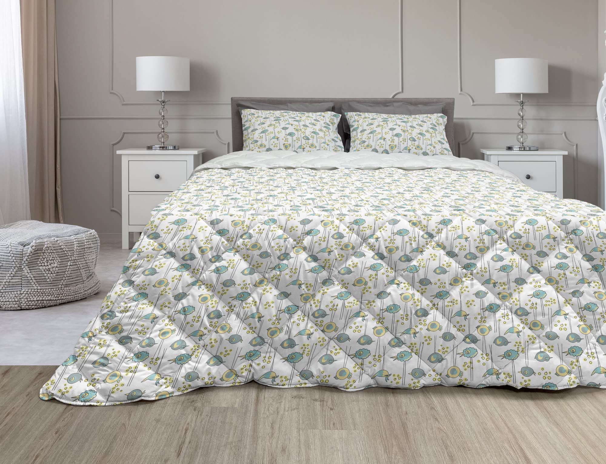Ambesonne Queen Size Bird Comforter Set - 3 Piece Microfiber Duvet Cover with Sham, Cartoon Animal Print in Yellow Seafoam - Soft Abstract Bird Design Bedding for Kids Room, Guest Bedroom & Dorm Decor
