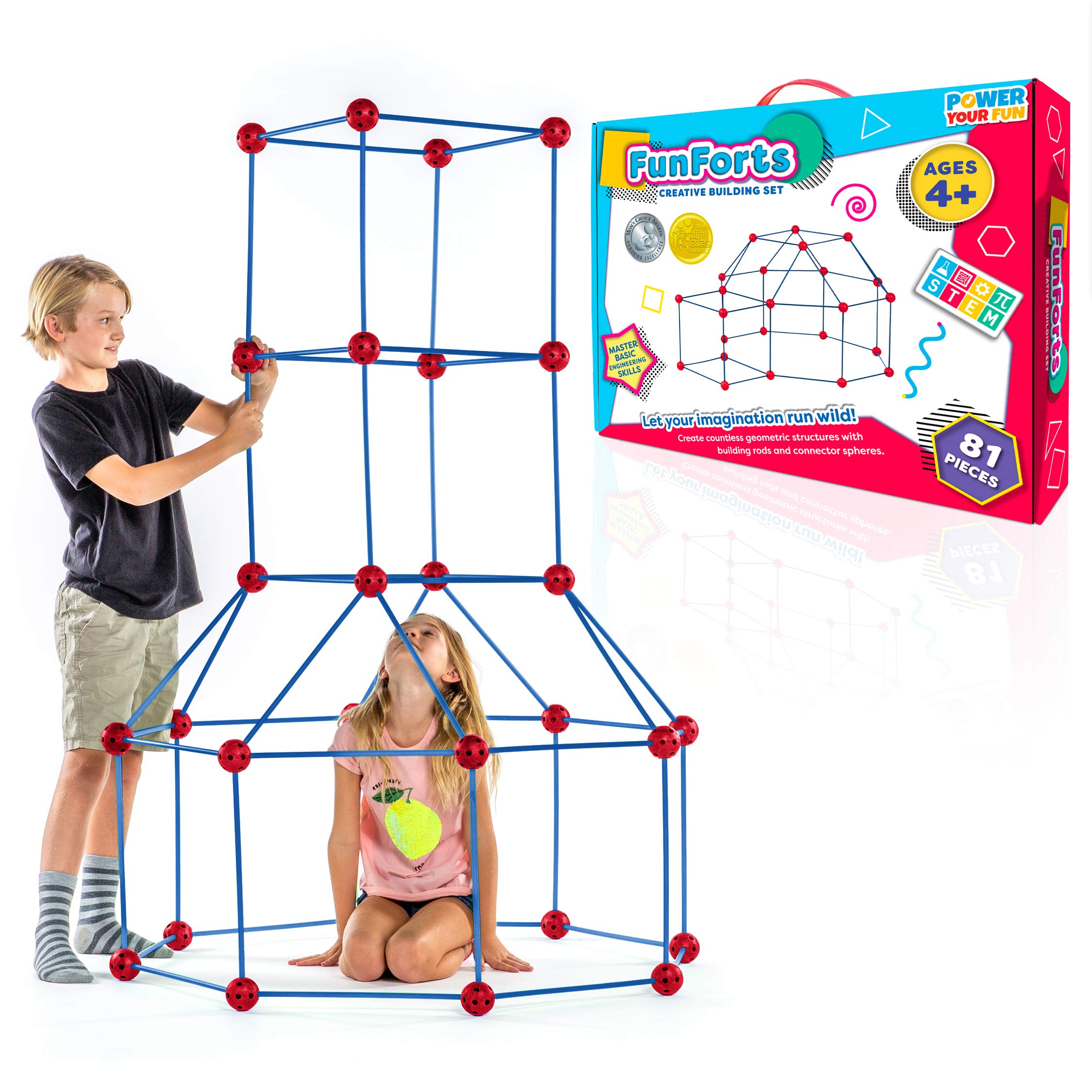 81-Piece STEM Fort Building Kit for Kids - Fun Fun Forts Play Tent with 53 Rods & 28 Spheres | Indoor/Outdoor Construction Toys | Educational STEM Learning & Creative Play (Red & Blue)