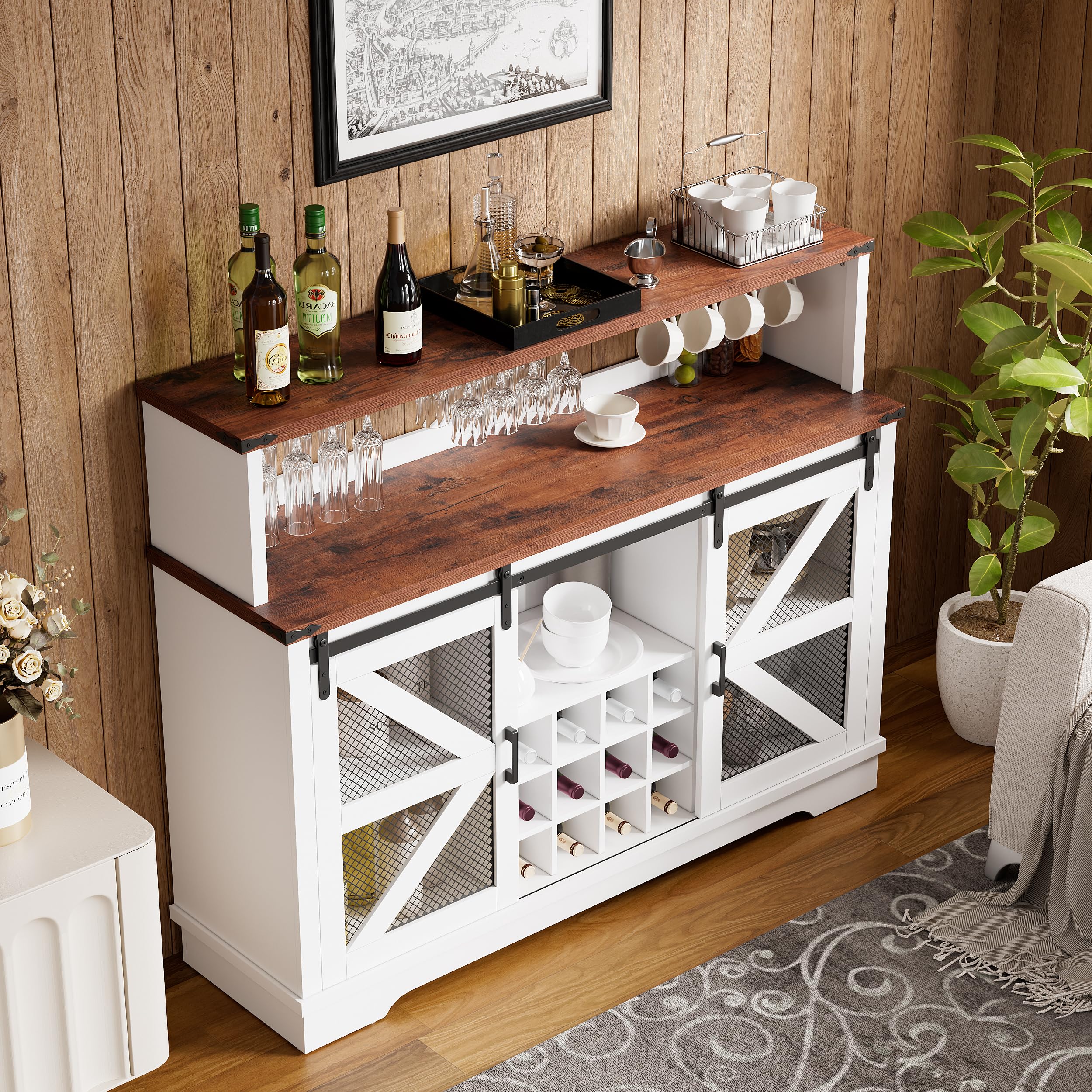 Farmhouse Wine Bar Cabinet with LED Lights - White Liquor & Coffee Bar Cabinet with Sliding Barn Door, Glass Rack & Storage Shelves - Sideboard Buffet Cabinet for Living Room, Dining Room & Home Decor - Perfect for Entertaining Guests & Displaying Glassware