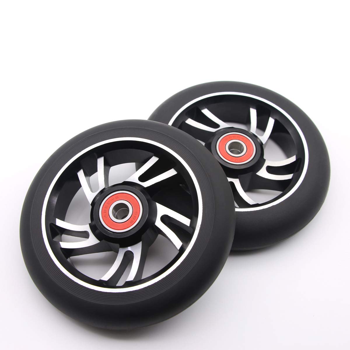 2Pcs 110mm Pro Scooter Wheels with ABEC 9 Bearings - Replacement Wheels for MGP/Razor/Lucky Envy/Vokul Pro Scooters (Black-Silver) - High Performance Wheels for Street Riding, Skate Parks & Scooter Tricks