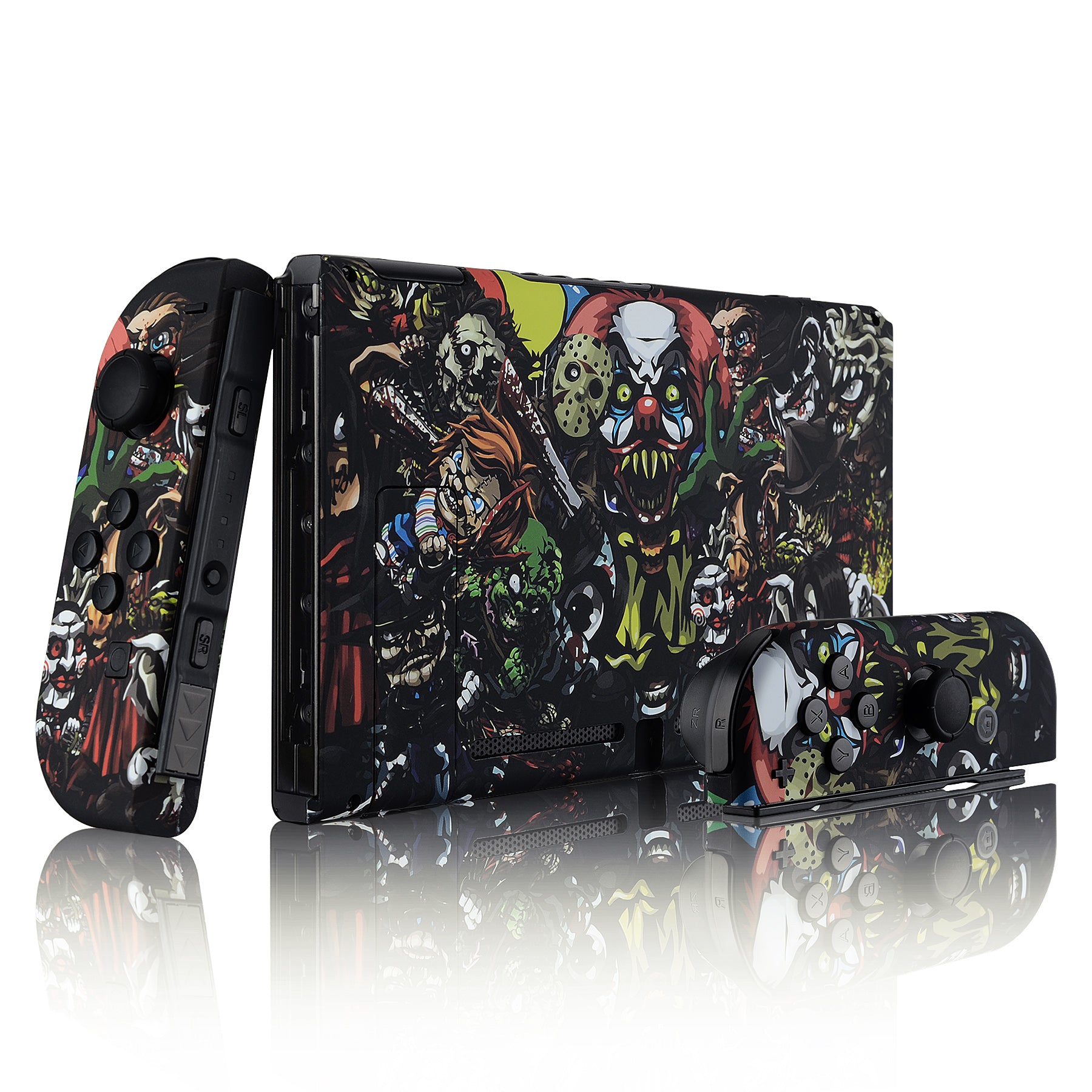 eXtremeRate Soft Touch Scary Party Pattern Joycon Controller Shell with Full Button Set - DIY Replacement Back Plate for Nintendo Switch - Perfect for Halloween Gaming & Custom Console Mods