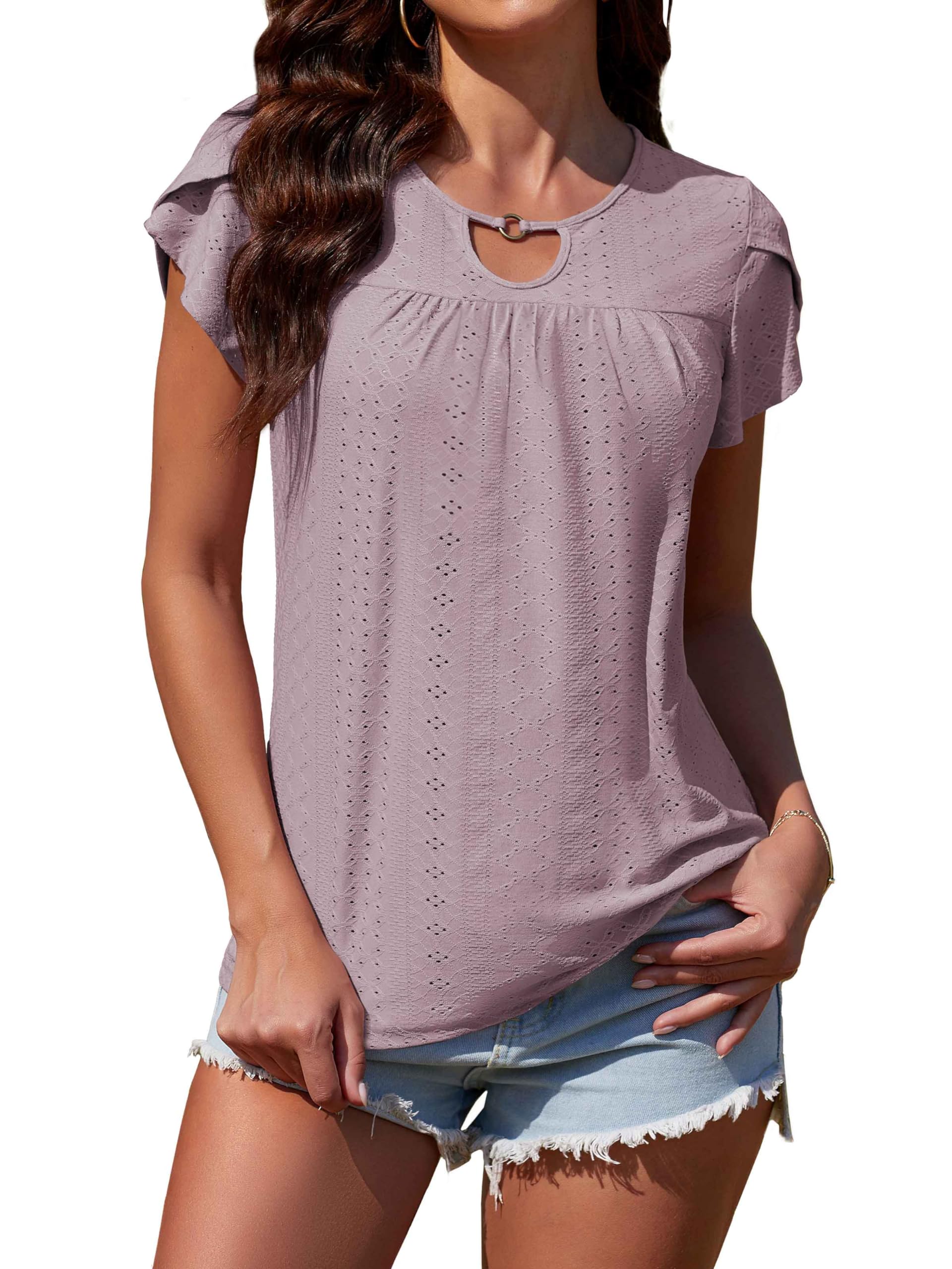 Women's Casual Short Sleeve Pleated Blouse - Flowy Petal Sleeve Loose Top for Work, Date Night & Summer Outfits | Neineiwu Fashion