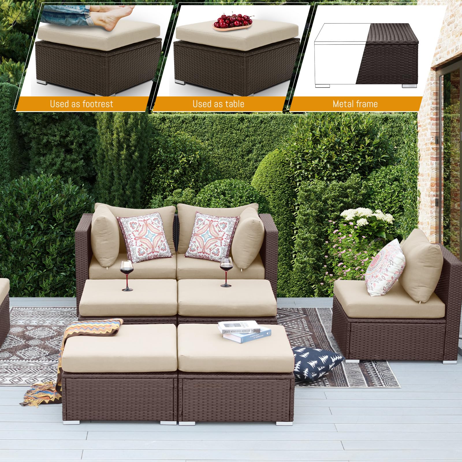 BULEXYARD 7-Piece Brown PE Rattan Outdoor Patio Furniture Set with Fire Pit Table - High Back Wicker Sectional Sofa Conversation Set for Backyard, Garden, Poolside (Beige) - Perfect for Entertaining, Relaxing & Outdoor Gatherings