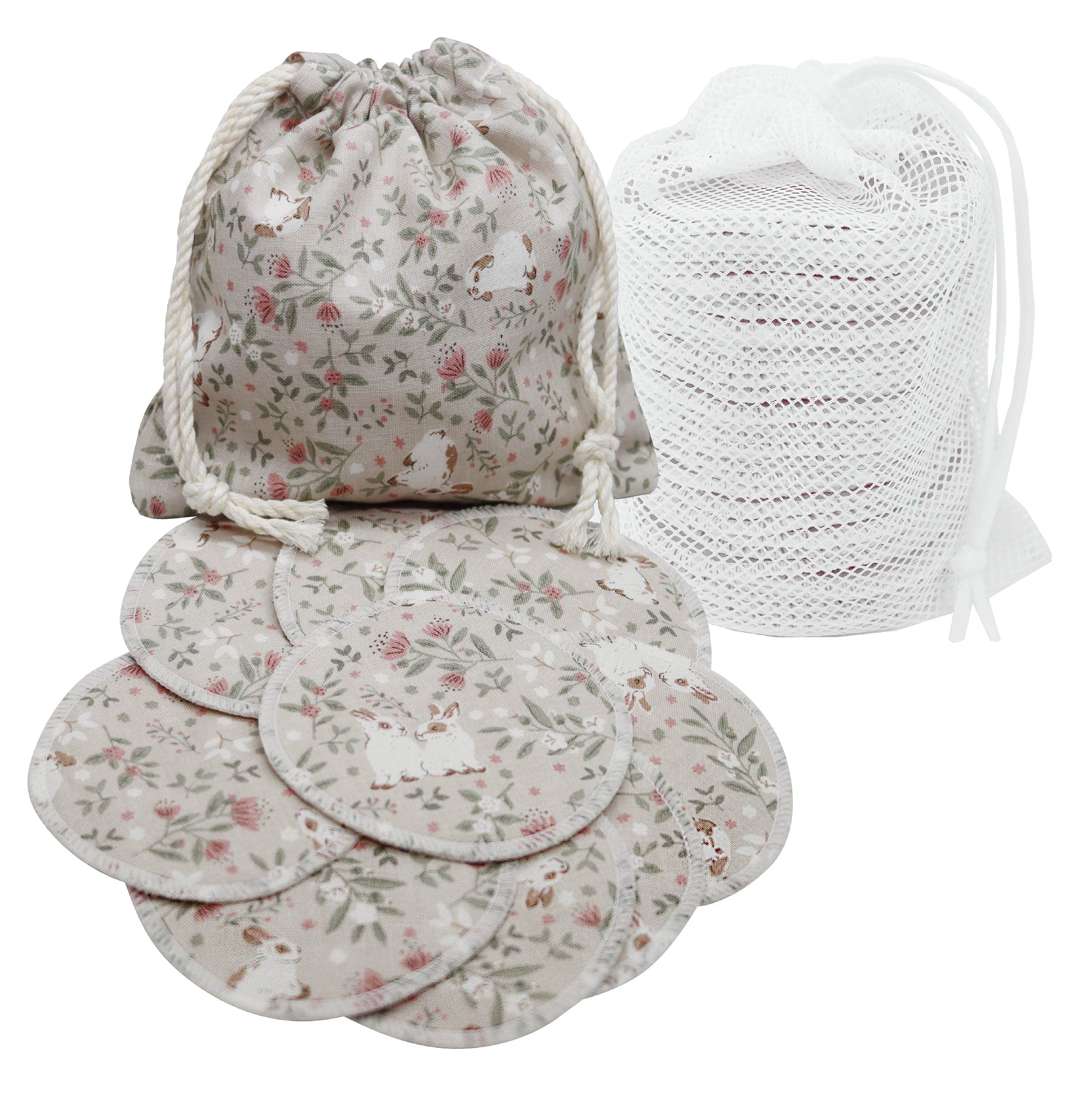 AVO Handmade Organic Cotton Reusable Makeup Remover Pads & Facial Rounds with Quilted Fabric Pouch - Eco-Friendly Beauty Essentials for Daily Skincare & Travel (Rabbit Design)