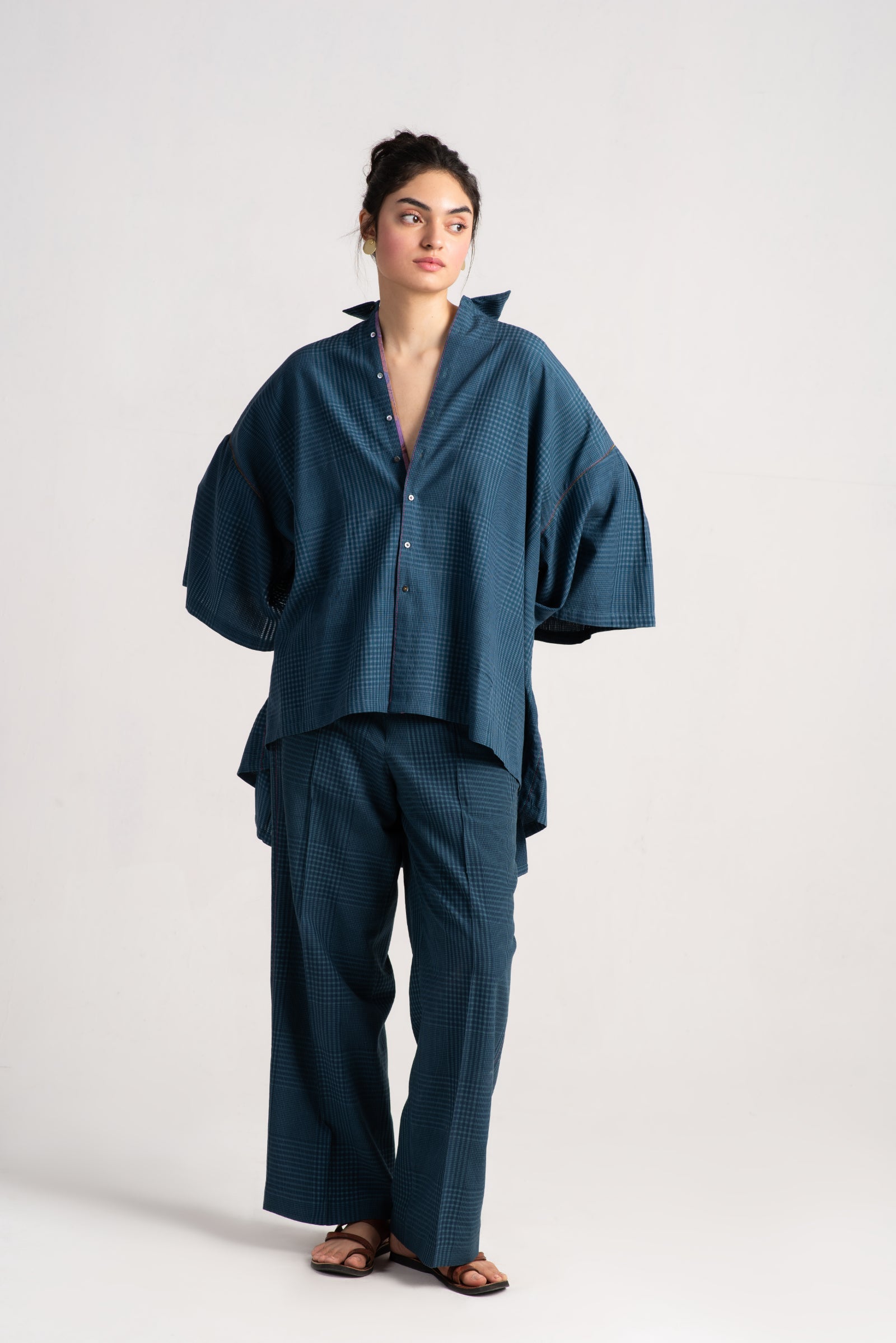 Chandrika Women's Cotton Silk Checkered Teal Trousers - Comfortable & Stylish for Work, Travel & Casual Wear