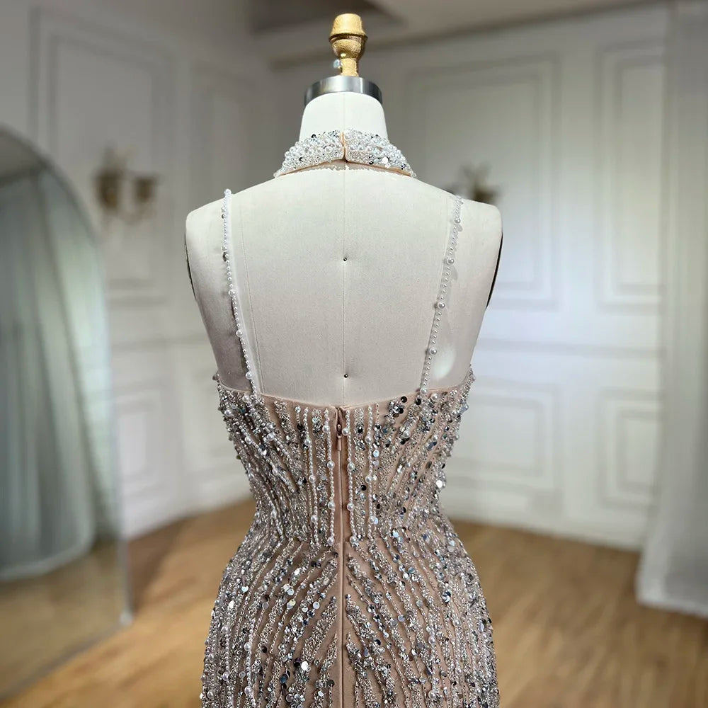 Elegant Silver Beaded Mermaid Evening Dress with Split Strap - Women's Prom Gown for Party & Special Occasions | LA72047B | Perfect for Weddings, Galas, and Formal Events
