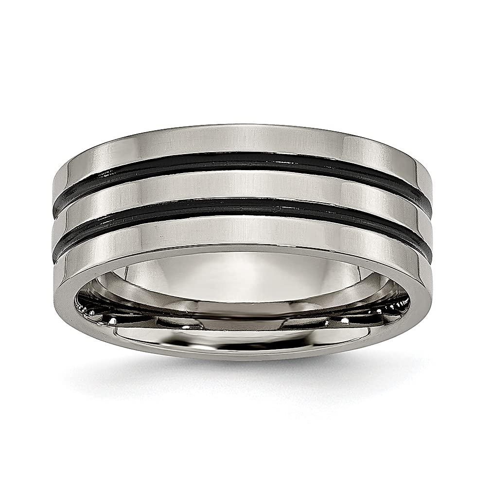 ICE CARATS 8mm Titanium Black Enamel Grooved Flat Wedding Band Ring - Durable & Hypoallergenic Women's Jewelry - Perfect Anniversary Gift for Her, Bridal Jewelry & Everyday Wear