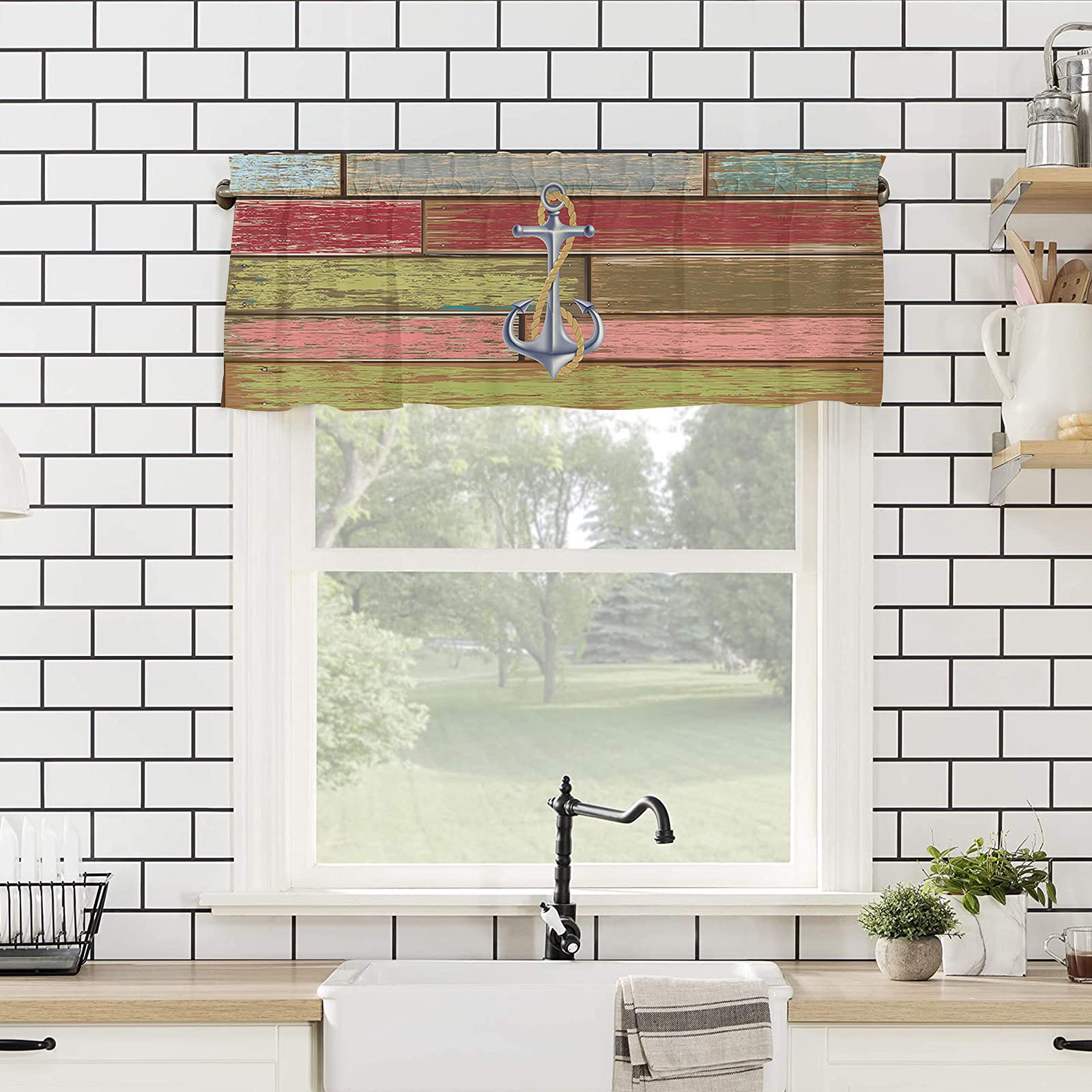 Nautical Anchor Window Valance - Rod Pocket Panel for Kitchen, Bedroom & Bathroom - Farmhouse Style Drapes