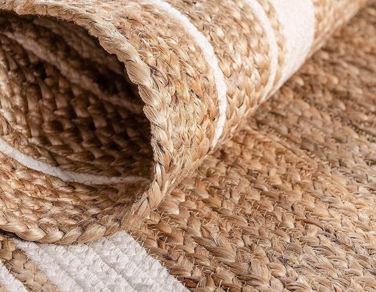 Handwoven Jute Area Rug - Natural Fiber Round Braided Rug for Bedroom, Kitchen, Living Room & Farmhouse Decor (9x9 Feet, White Border) | Soft & Durable Floor Mat for Home, Office & Yoga Space