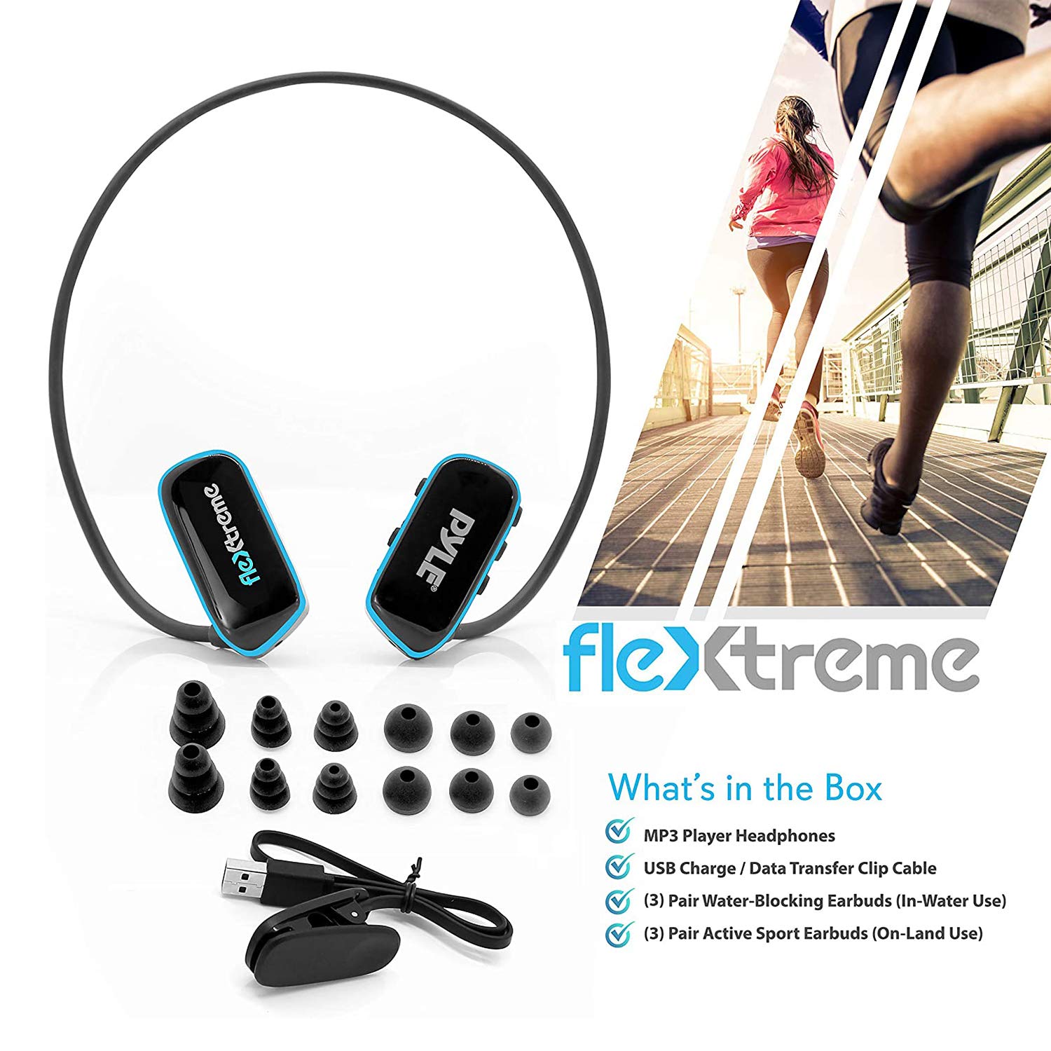 Pyle Flextreme Waterproof Sports MP3 Player Headphones - 8GB Memory, Rechargeable USB, Comfortable Earbuds for Swimming, Jogging, Gym & Underwater Activities (PSWP14BK) - Perfect for Workouts, Running, Cycling & Water Sports