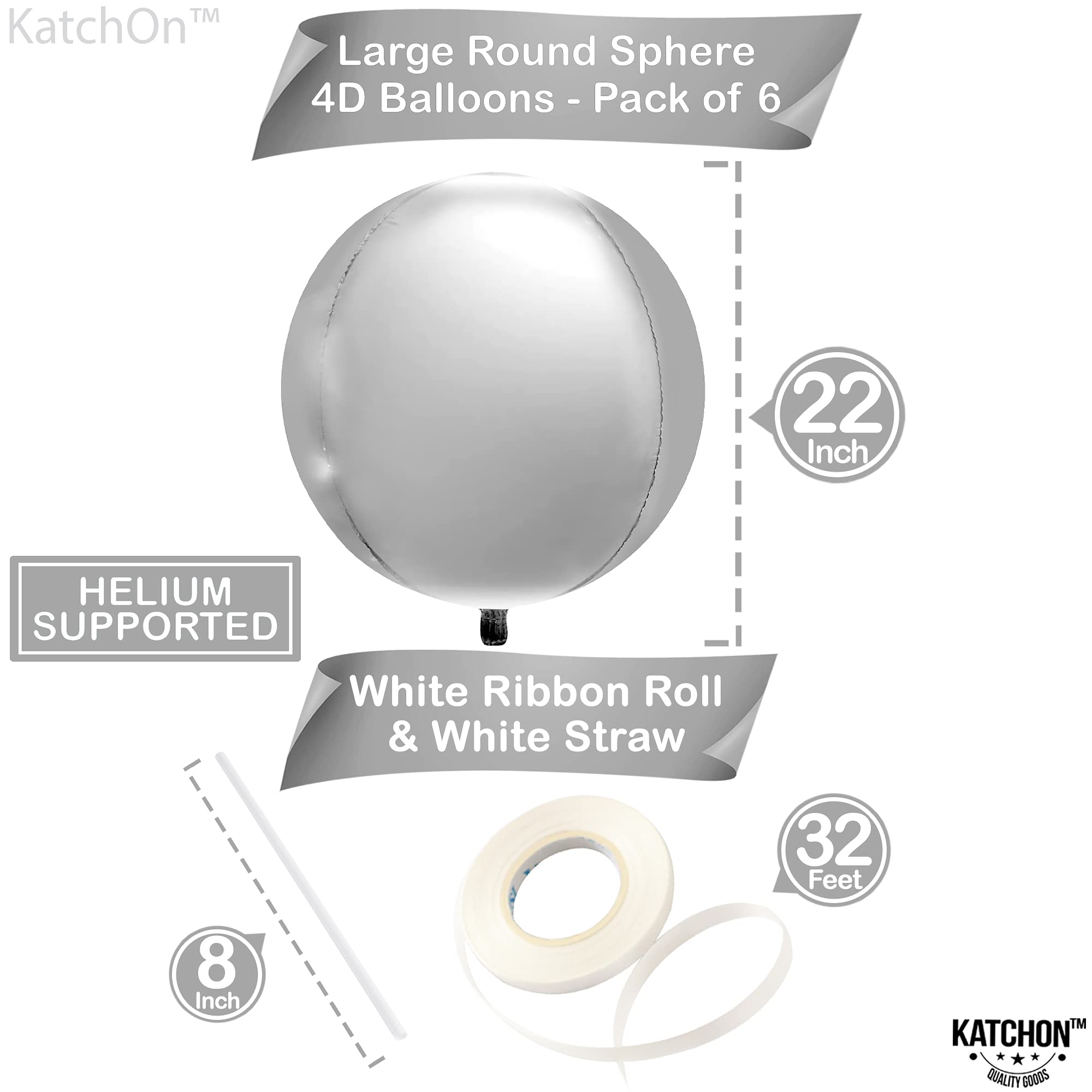 KatchOn 22 Inch Large Silver Balloons (Pack of 6) | 4D Round Metallic Mylar Balloons for Birthday & Bachelorette Party Decorations | Premium Silver Foil Balloons for Weddings, Baby Showers & Special Events