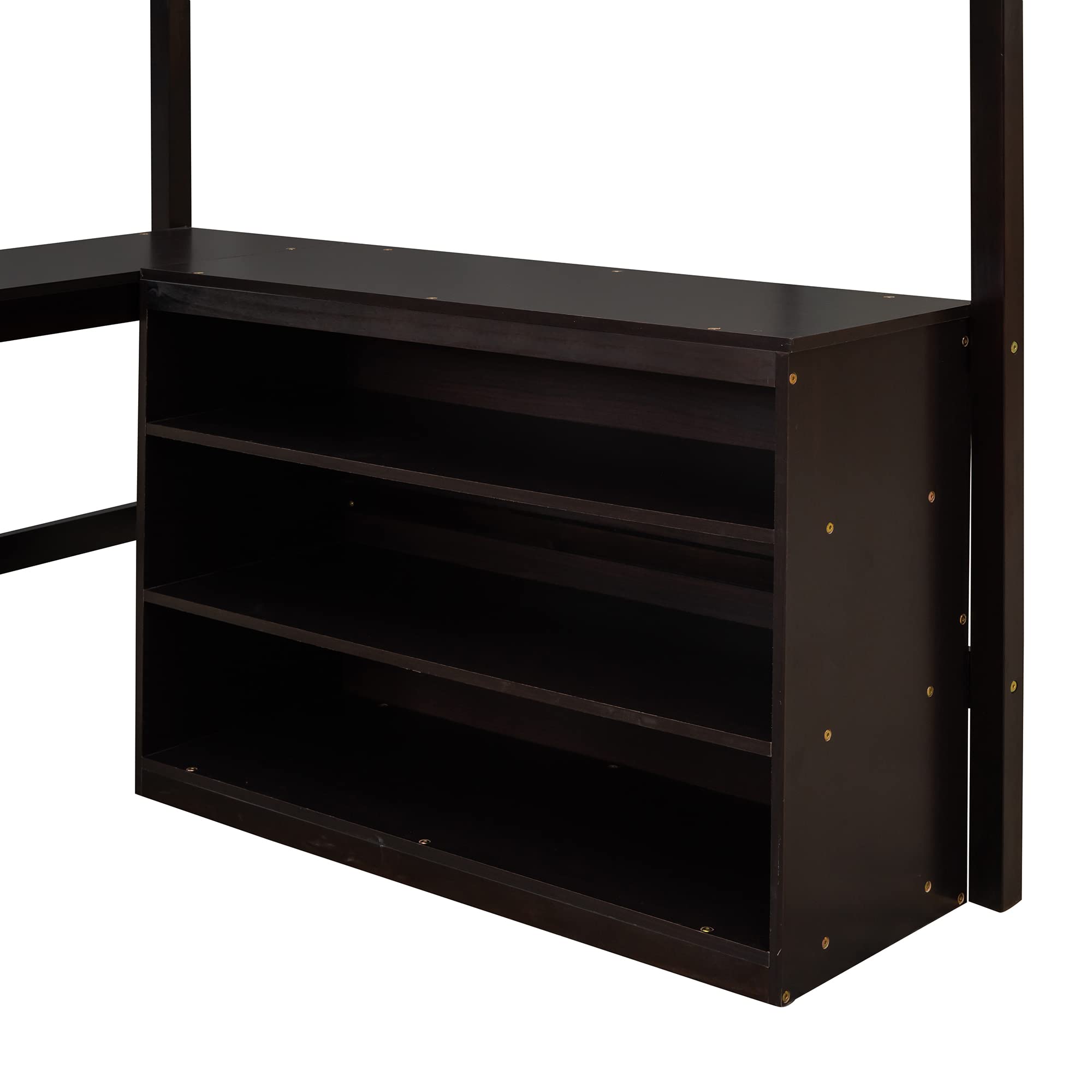 SOFTSEA Full Size Loft Bed for Kids with Long Study Desk & Storage Cabinet - Wooden Junior Bunk Bed Frame in Espresso (Perfect for Small Bedrooms & Dorm Rooms)