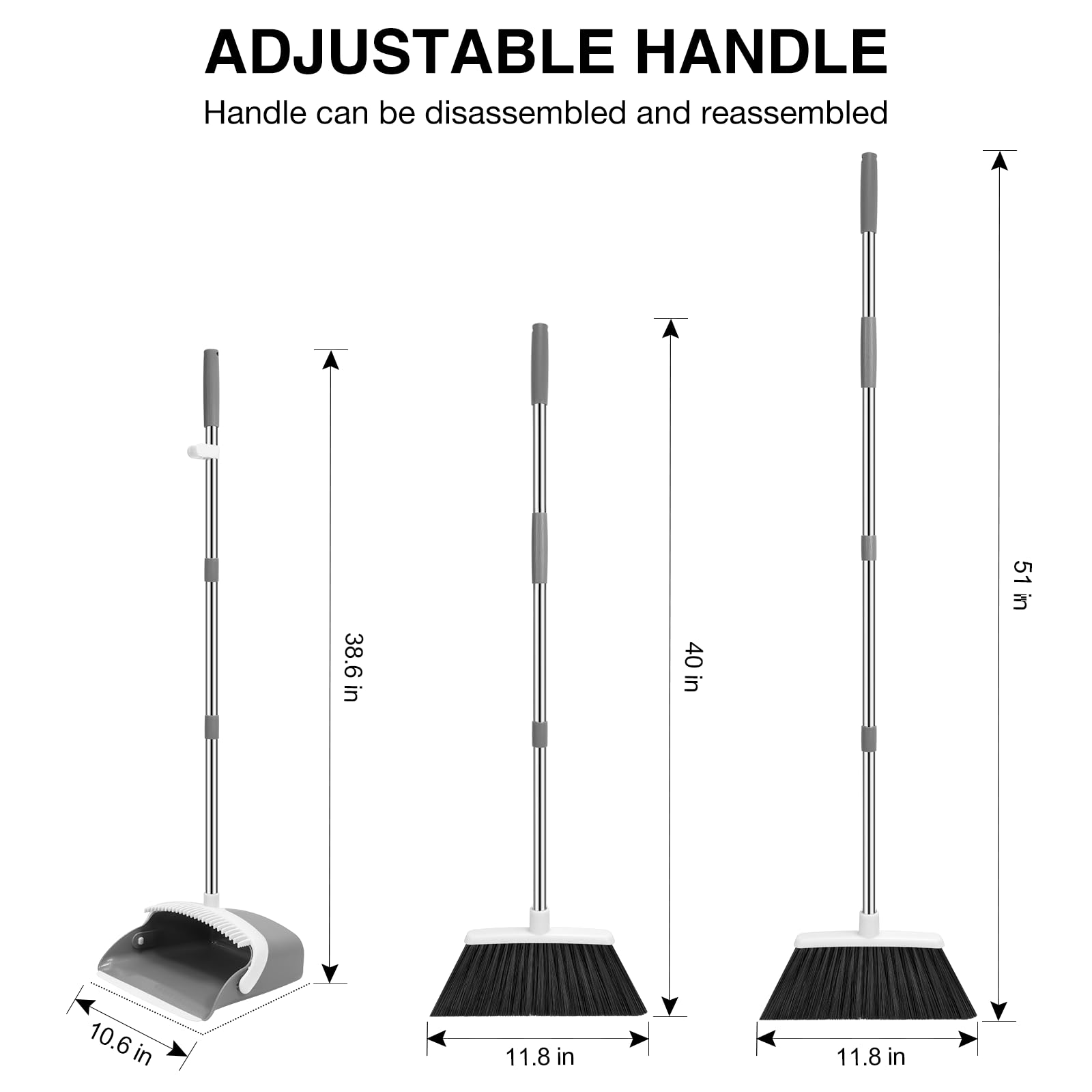 **52-inch Adjustable Broom and Dustpan Set with Dustpan Teeth - Long Handle Sweeping Combo for Hair & Debris - Ideal for Home, Kitchen, Office & Hall Floors (Grey & White)**    *(Perfect for Hardwood, Tile & Laminate Floors - Easy Storage & Efficient Cleaning!)*
