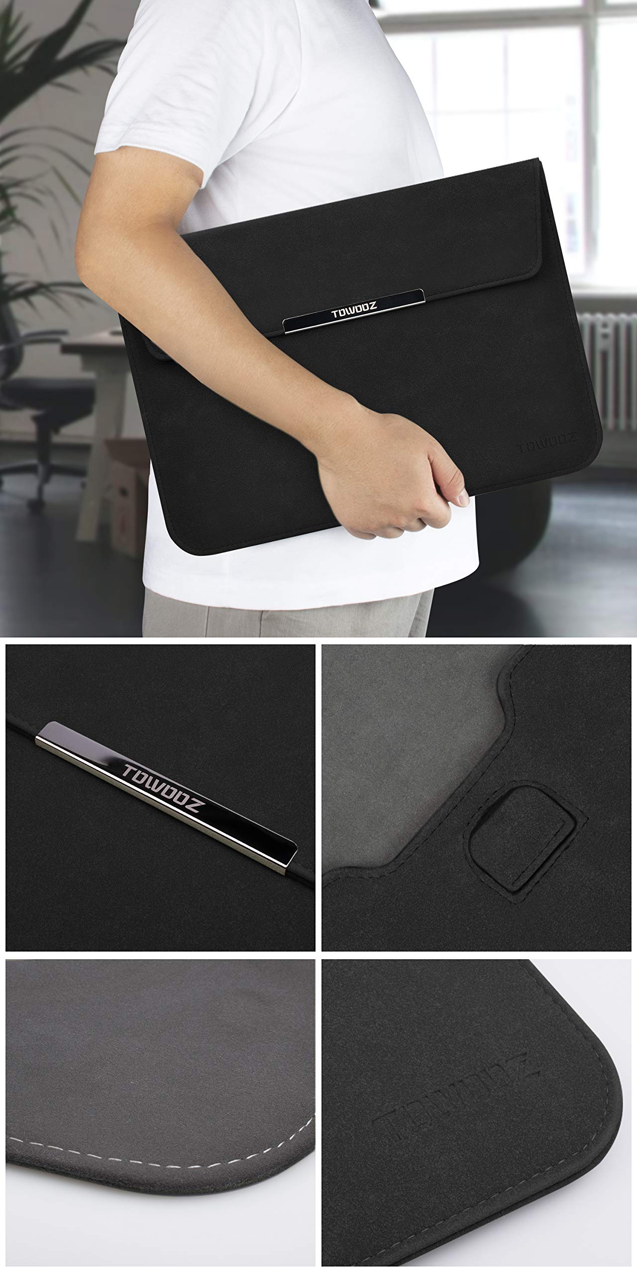 TOWOOZ 13-14 Inch Laptop Sleeve for MacBook Pro/Air, Dell XPS 13 & Surface Pro X - Protective Neoprene Case with Storage Pouch (Black) | Perfect for Work, Travel & School
