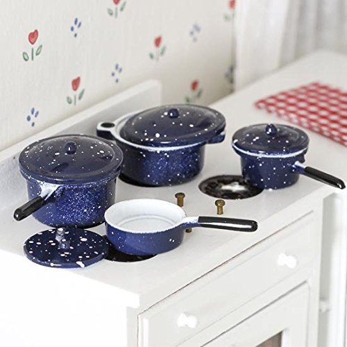 Blue Enamel Miniature Pots and Pans Set for Dollhouse - 1:12 Scale Mini Kitchenware - Perfect for Dollhouse Decor, Miniature Collections & DIY Craft Projects