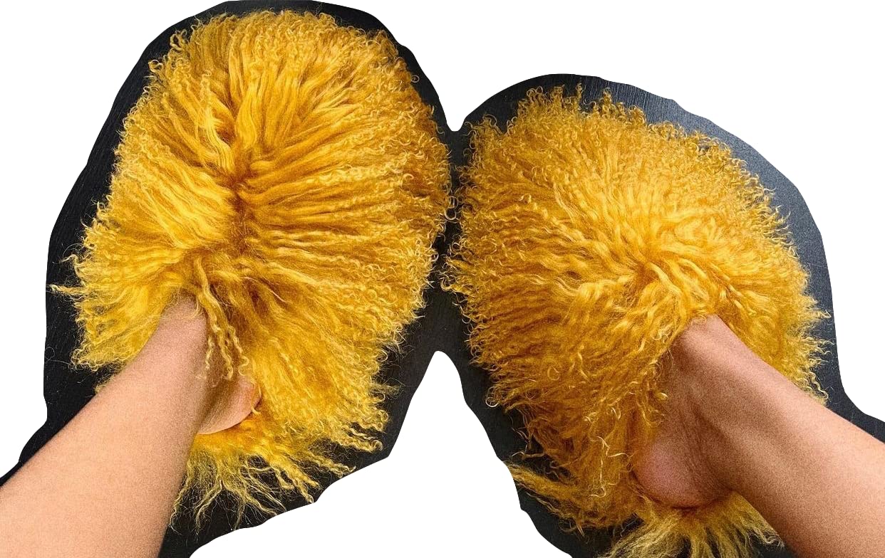 Women's Real Mongolian Sheep Fur Slippers - Closed Toe Fluffy House Shoes with Tibetan Long Curly Hair - Soft Indoor/Outdoor Slides for Winter Comfort & Luxury (Size 7, Camel Color) - Perfect for Home, Beach & Cozy Nights