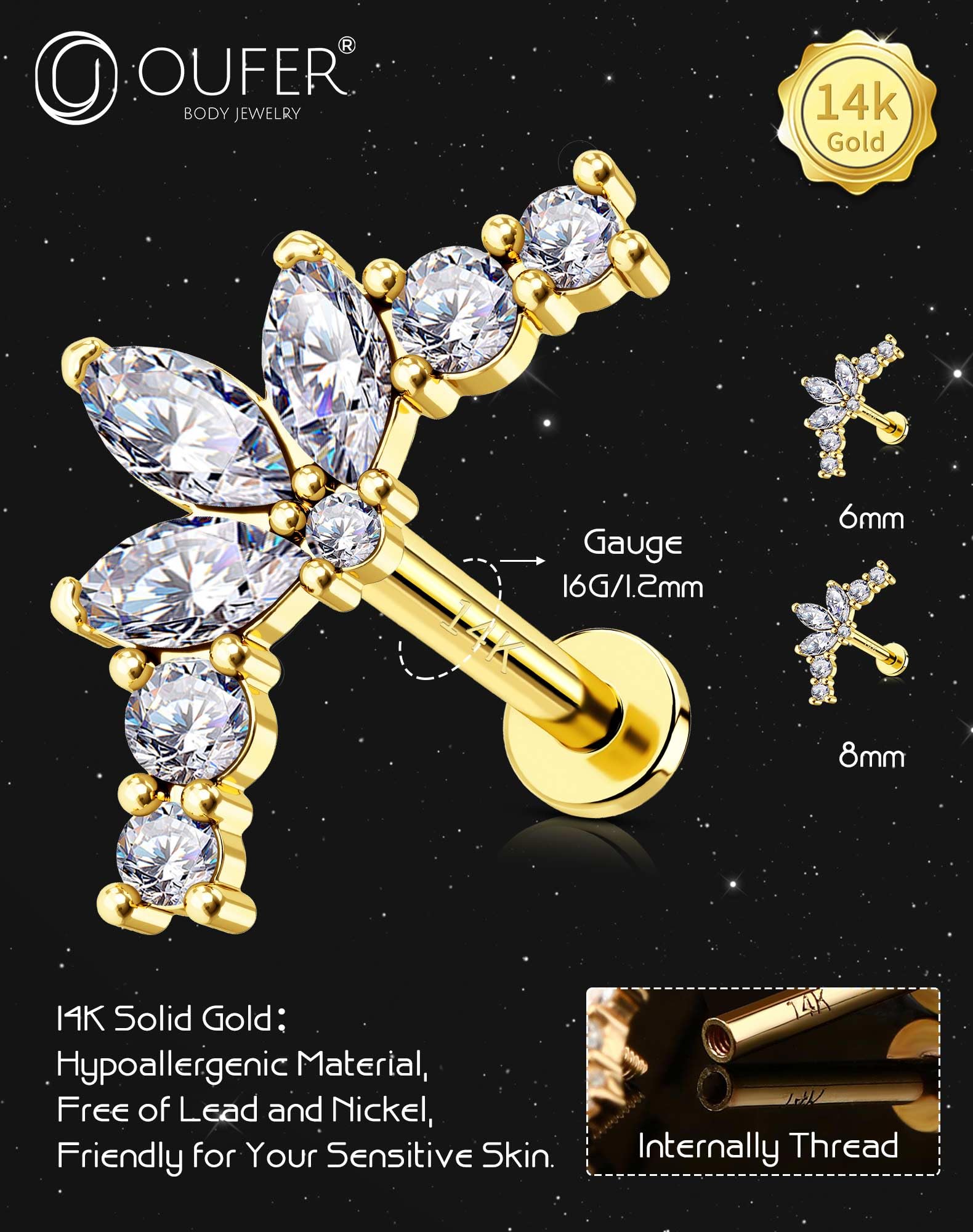 14K Solid Gold Helix Piercing Jewelry - Internally Threaded Cartilage Earrings with Clear CZ, Flat Back Labret Studs for Tragus, Conch & Lobe | Hypoallergenic Body Jewelry for Everyday Wear & Special Occasions