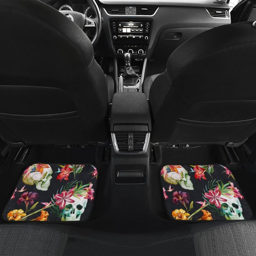 4 Pcs Floral Sugar Skull Car Mats - Non-Slip Floor Mats for Cars, Trucks & SUVs - Perfect for Day of the Dead Decor & Automotive Protection