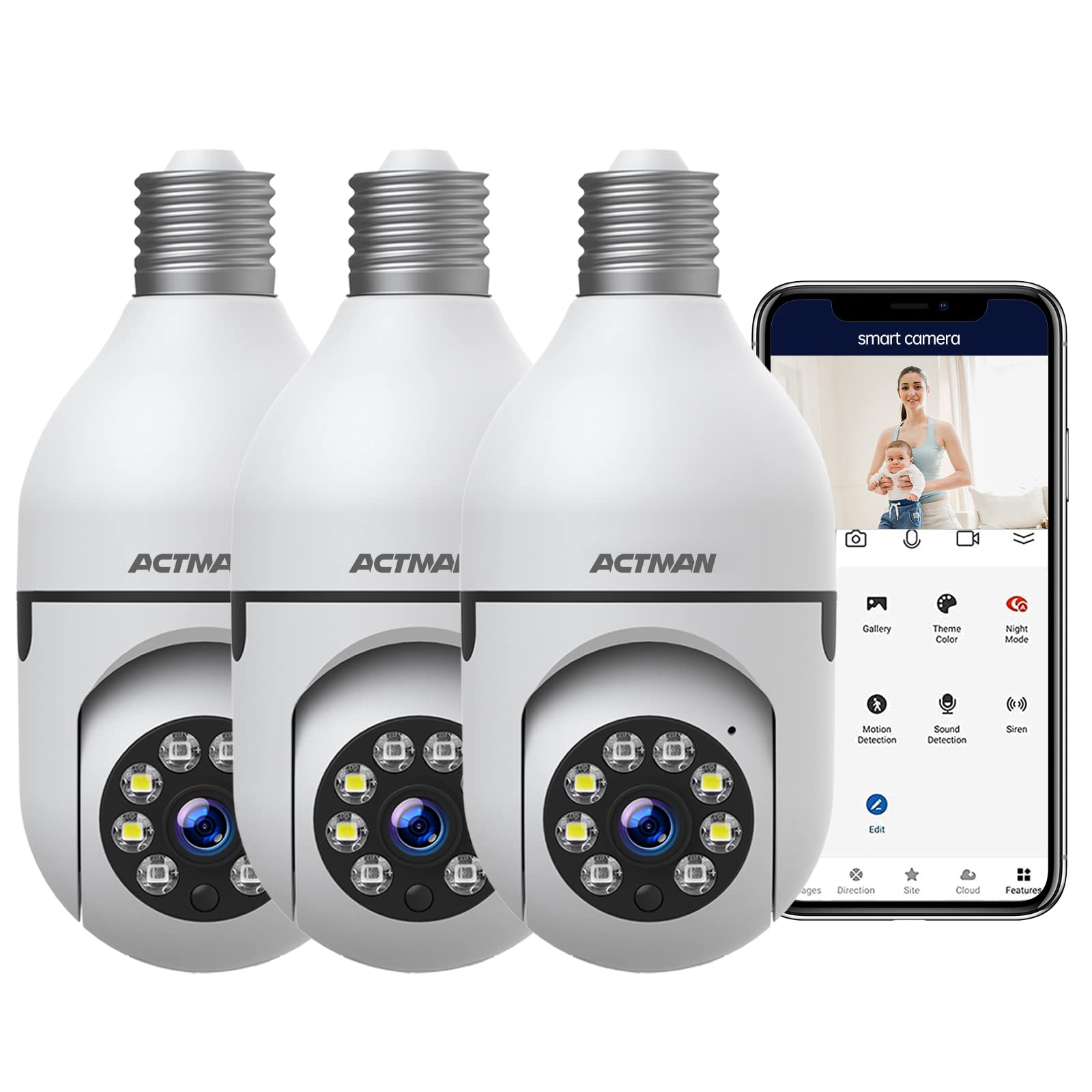 1080P WiFi Outdoor Security Camera with Full Color Night Vision & Two-Way Audio - Smart Light Bulb Camera for Home Surveillance (3 Pack, SD Card Not Included) - Perfect for Porch, Garage & Backyard Monitoring