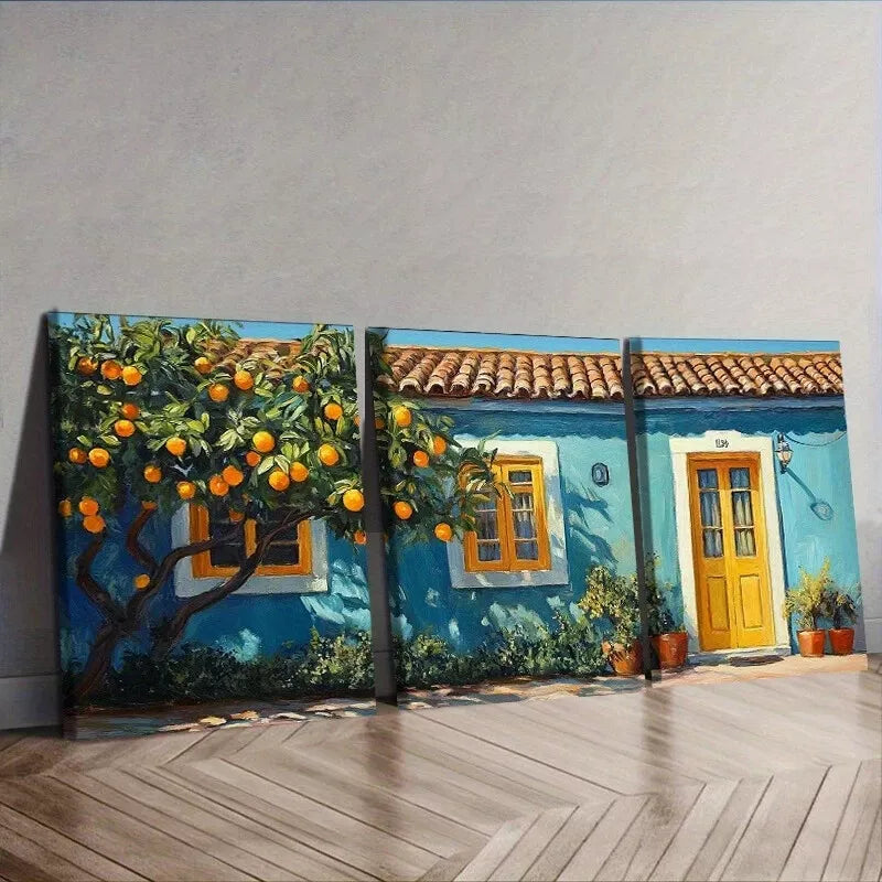 3-Piece Orange Tree in Front of a Blue House Wall Art Set - Framed Canvas 50x70cm (19.7x27.6in) - High Quality Print, 100% Australian Made, Ready to Hang - Perfect for Living Room, Bedroom, or Office Decor