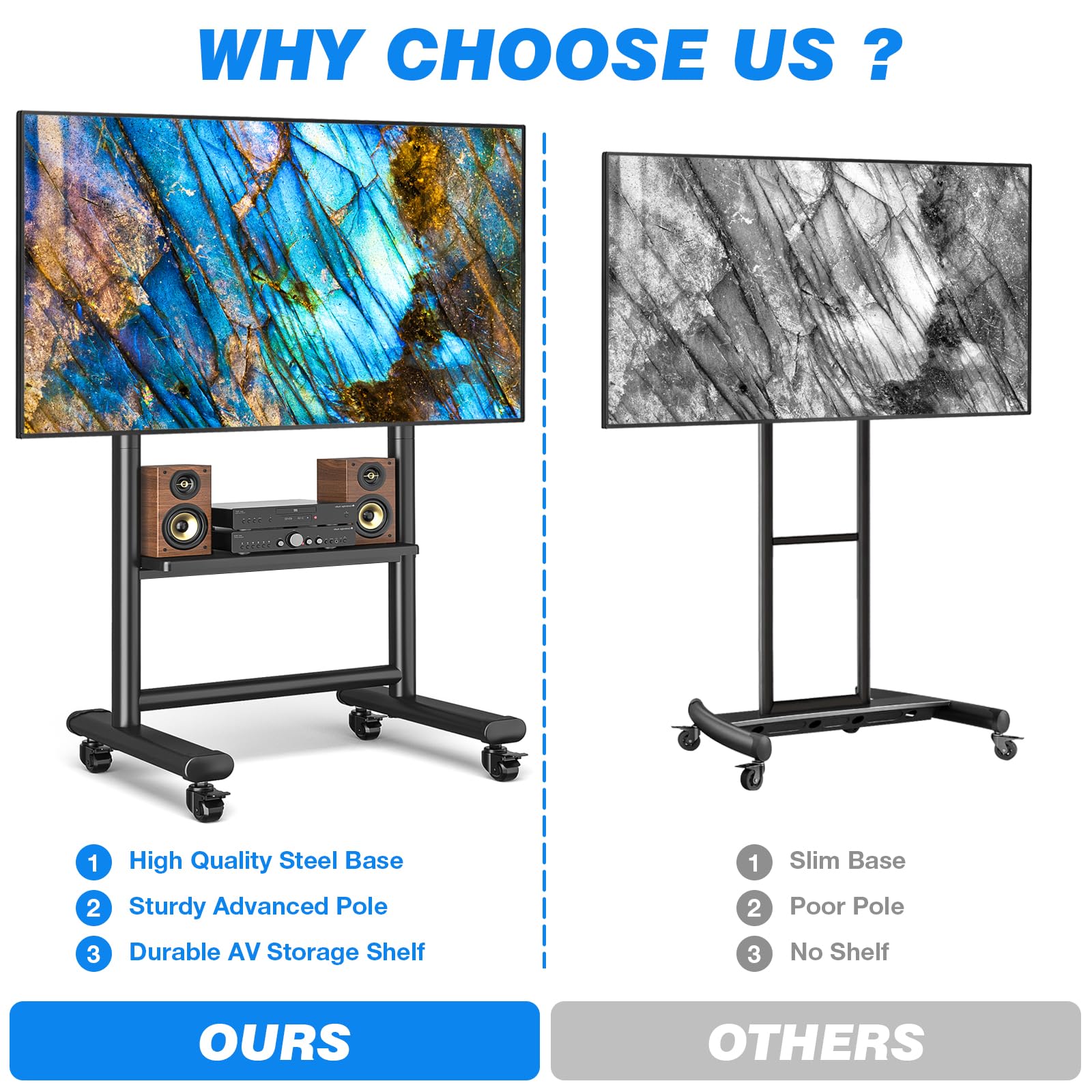 Heavy Duty Mobile TV Stand for 50-92 Inch Large TVs up to 200lbs - Adjustable Height Rolling TV Cart with Locking Wheels & AV Shelf - Perfect for Home Theater, Office Presentations, and Trade Show Displays
