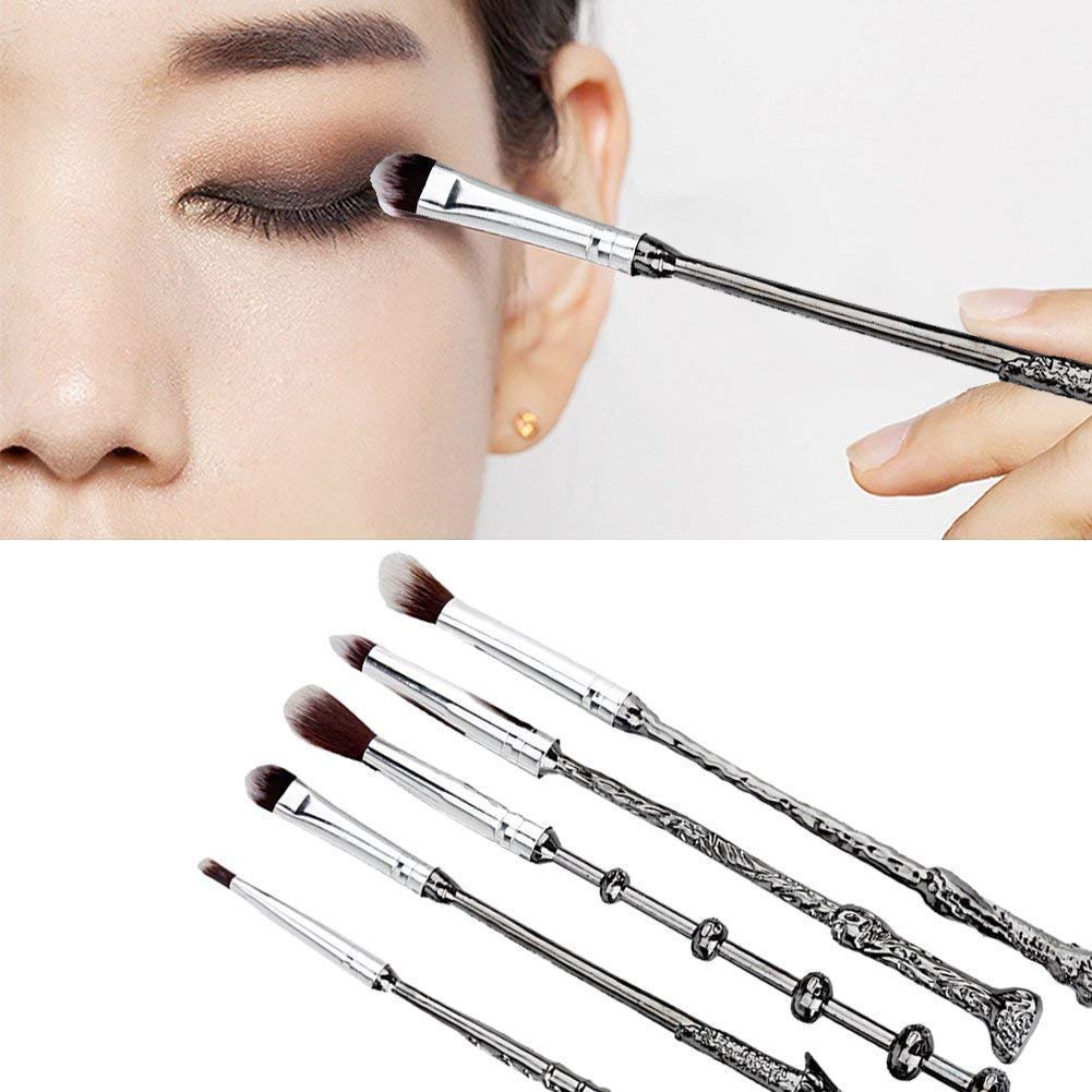 Harry Potter Makeup Brush Set - 5 Piece Magic Wand Brushes for Foundation, Eyeshadow, Eyeliner & Lip Makeup | Includes Golden Snitch Necklace | Perfect for Cosplay, Halloween & Potter-Themed Parties