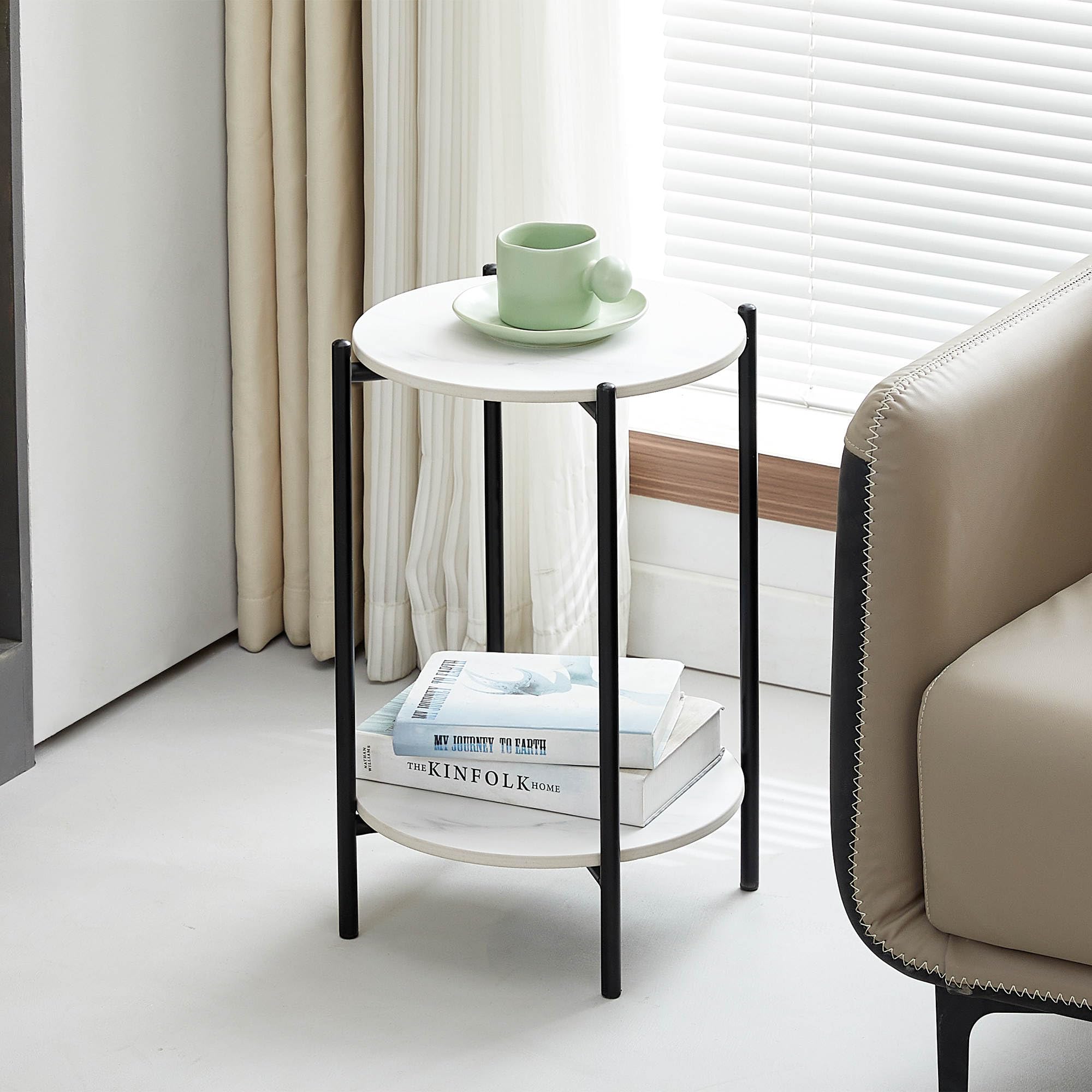 2-Tier Round Coffee Table with Whole Marble Top & Black Metal Frame - Modern End Table for Living Room, Bedroom, Office | Perfect for Small Spaces, Coffee Corner & Home Decor