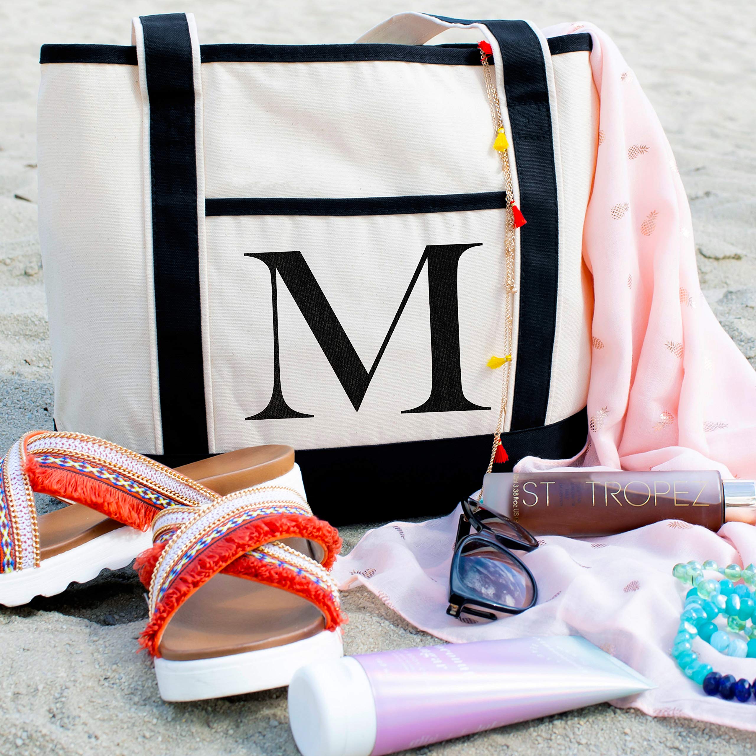 Personalized Black Linen Canvas Tote Bag with Monogram - Stylish & Durable for Beach, Gym, Yoga, Work, Travel & Everyday Use