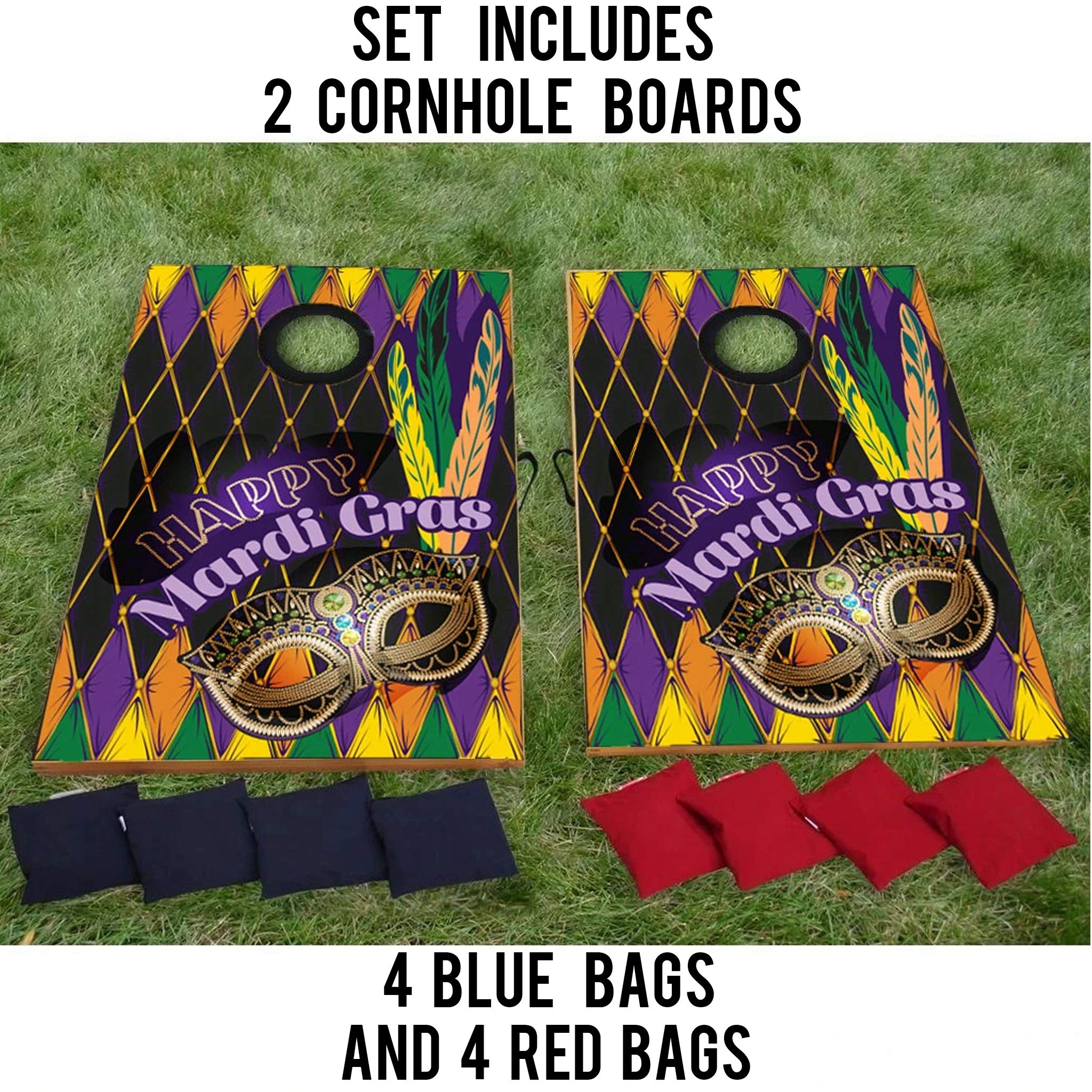 VictoryStore Mardi Gras Party Set - 6 Standard & 6 Slim Can Coolers, 2 Cornhole Boards & 8 Bags - Perfect for Masquerade Parties, Carnival Events & Backyard Tailgating Games