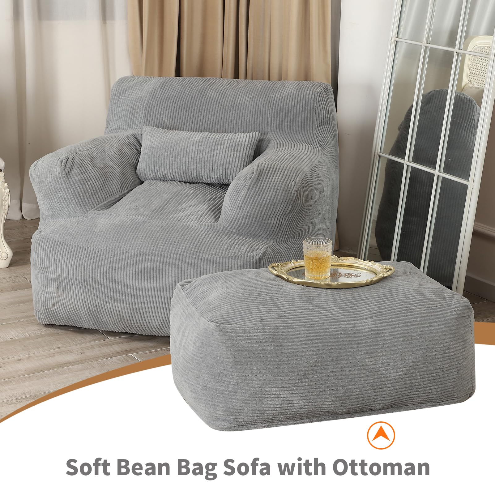Large Bean Bag Chairs for Adults - Oversized Bean Bag Sofa with Ottoman, Comfy Reading Chair for Dorm, Living Room & Bedroom - Light Grey - Perfect for Relaxing, Gaming & Movie Nights