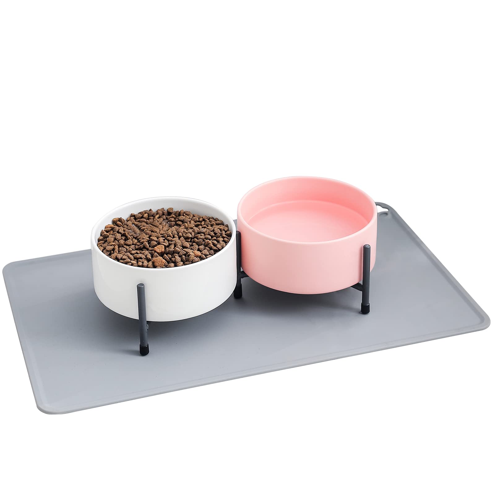 32oz Ceramic Raised Dog Bowls Set with Non-Slip Mat - 6 Inch Elevated Pet Food & Water Dishes with Metal Stand for Medium Dogs & Cats (Pink & White, 2-Pack) - Perfect for Dining Areas, Kitchens & Pet Feeding Stations