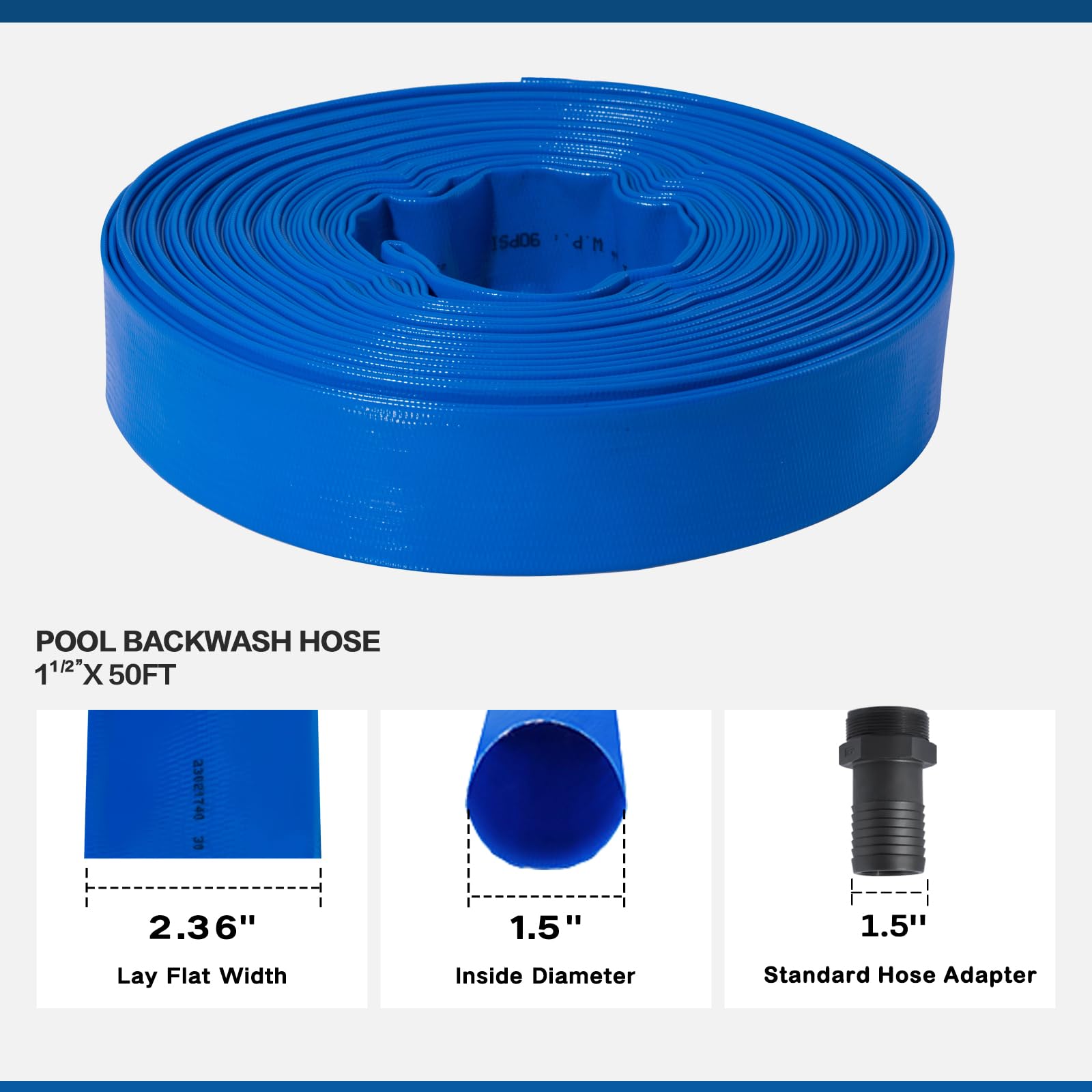 Eastrans 1.5 Inch x 50 Feet Heavy Duty Pool Backwash Hose Kit with Male NPT Adapter - Reinforced Swimming Pool Drain Hose with 2 Clamps & Thread Seal Tape (6 Bar Pressure) - Perfect for Pool Maintenance, Water Drainage & Pump Discharge Applications