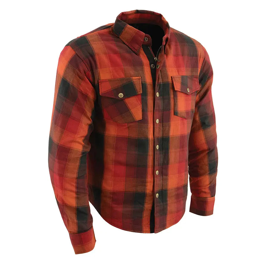 Milwaukee Leather Men's Red & Orange Armored Flannel Biker Shirt with Reinforced Fibers | Motorcycle Riding Gear for Safety & Style