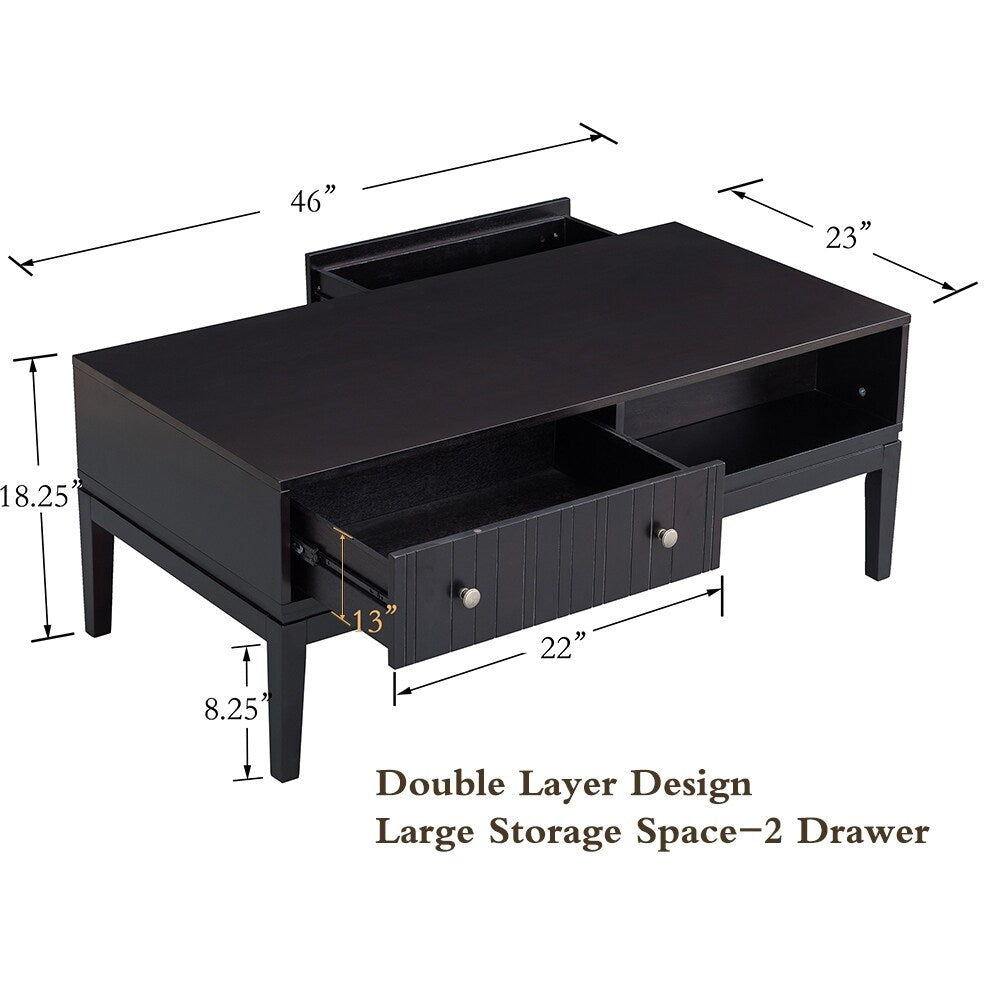 46 Inch Black Large Rectangle MDF Coffee Table with 2 Drawers - Modern Living Room Furniture for Home Decor, Sofa Side Table with Storage Space