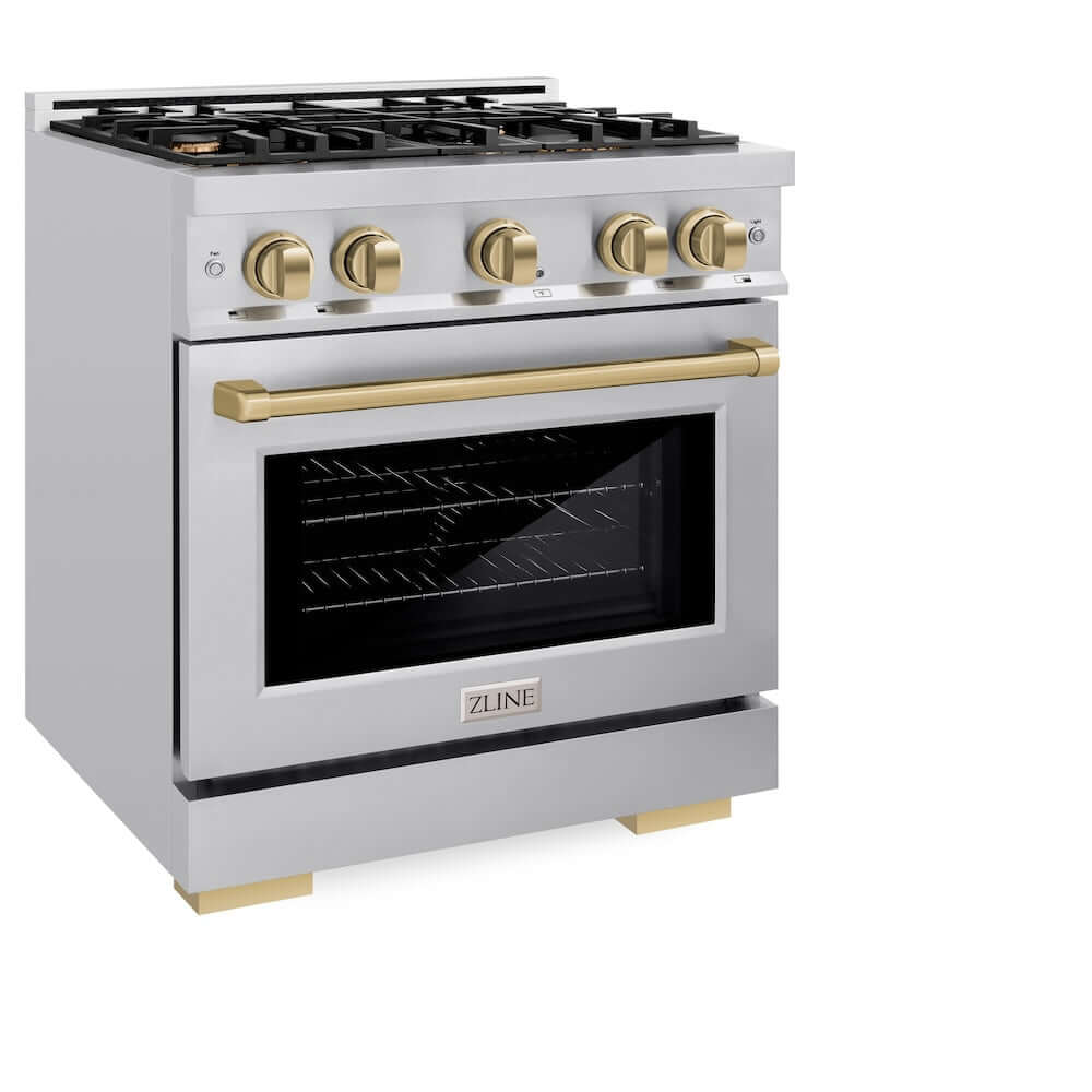 ZLINE Autograph Edition 30 Inch 4.2 cu ft Gas Range with 4 Burner Cooktop & Convection Oven - Stainless Steel with Champagne Bronze Accents (HGRZ 30 CB) - Perfect for Modern Kitchens & Professional Cooking