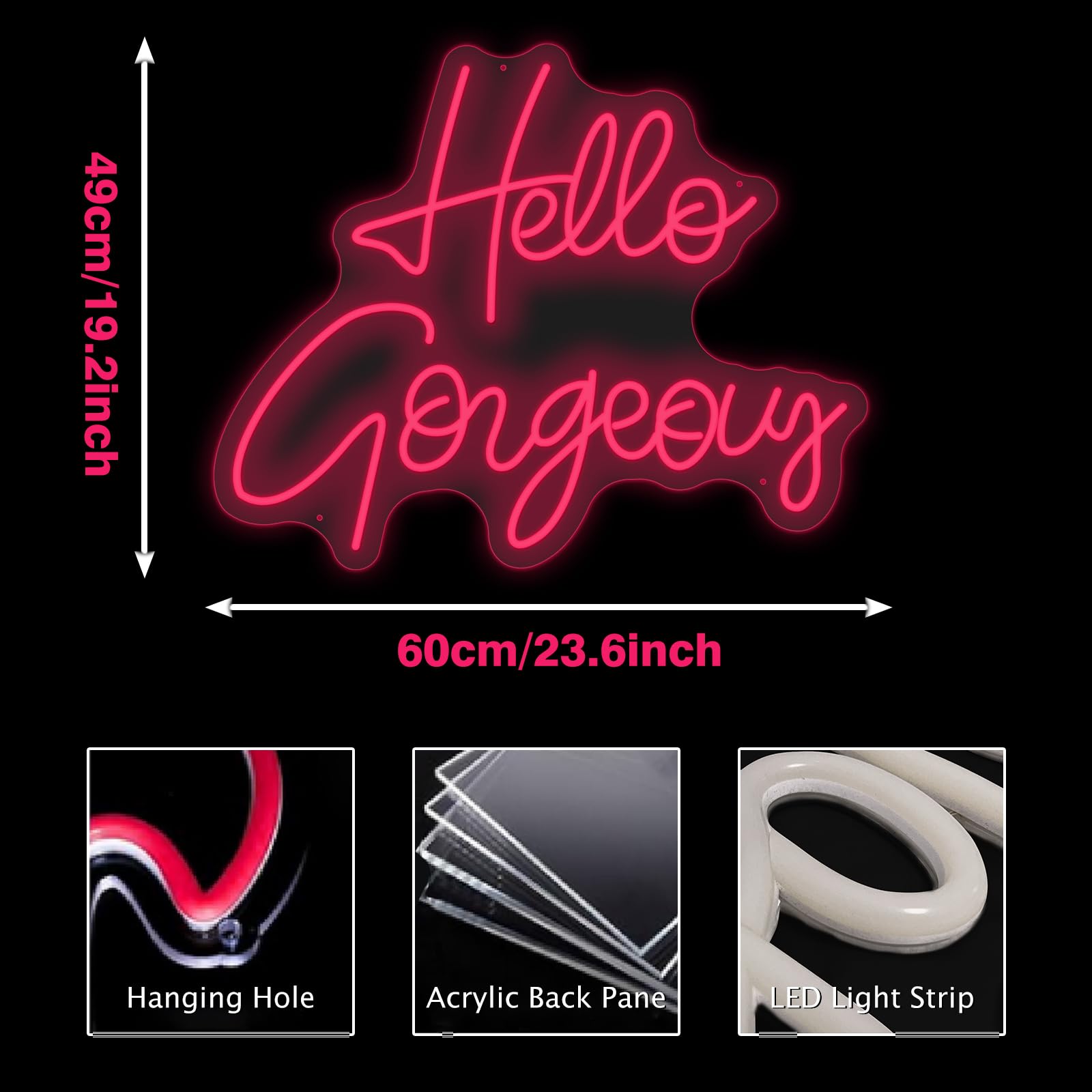 Custom Pink LED Neon Sign - Hello Gorgeous Wall Decor for Bedroom, Wedding, Party Room | Energy-Efficient Dimmable Neon Light for Home, Bar, Cafe (Pink-02)
