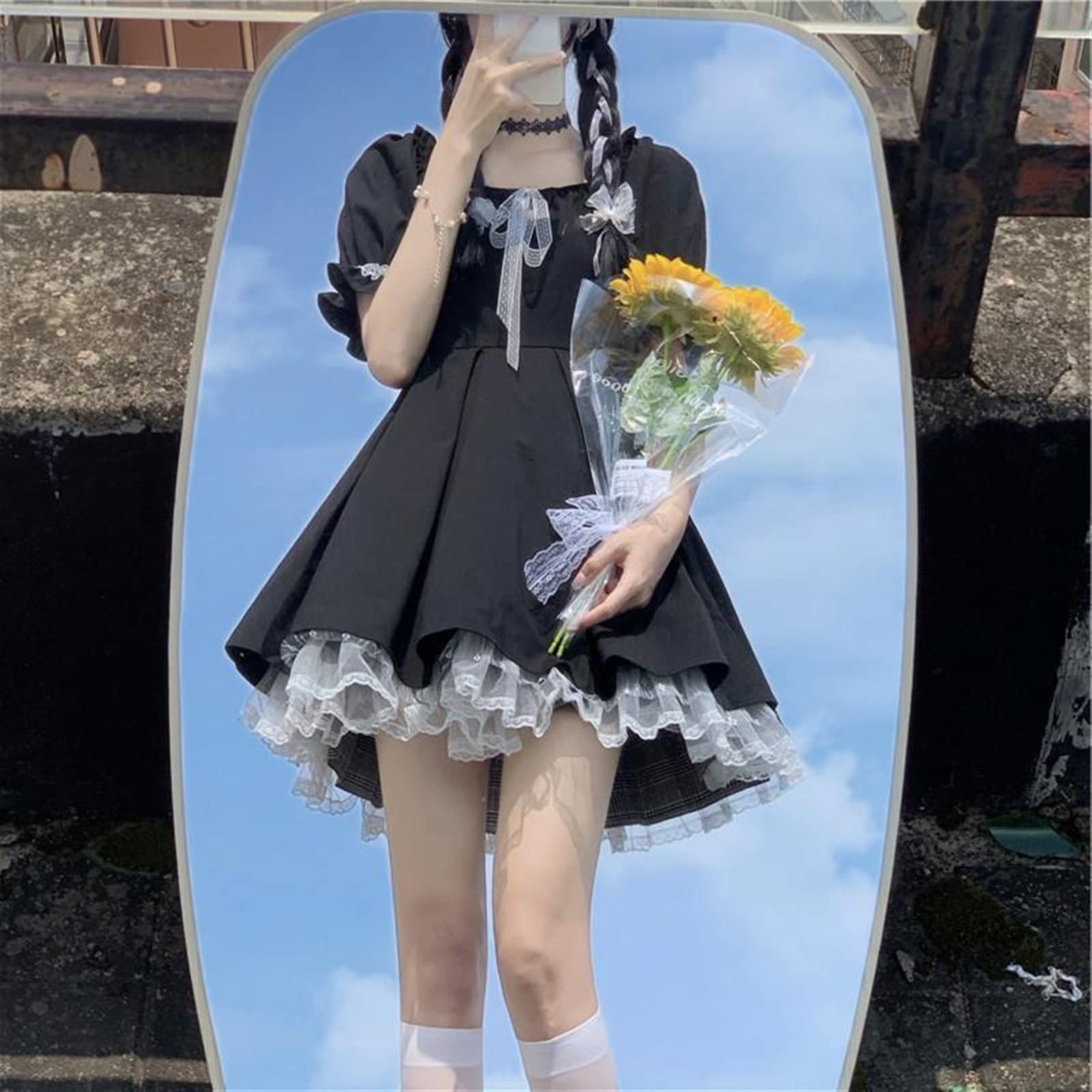 Japanese Sweet Lolita Cute Lace Puff Sleeve Black Puffy Dress for Women - Summer Gothic Kawaii Fashion (Black, Medium) | Perfect for Cosplay, Tea Parties, and Anime Conventions