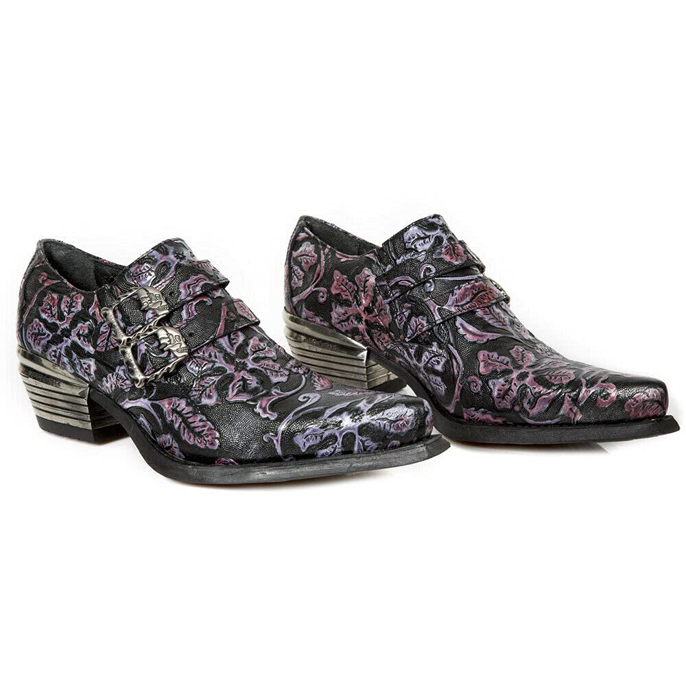 New Rock 7960 Men's Embossed Vintage Leather Boots with Buckle & Steel Heel - Stylish Motorcycle & Biker Shoes for Riding & Casual Wear