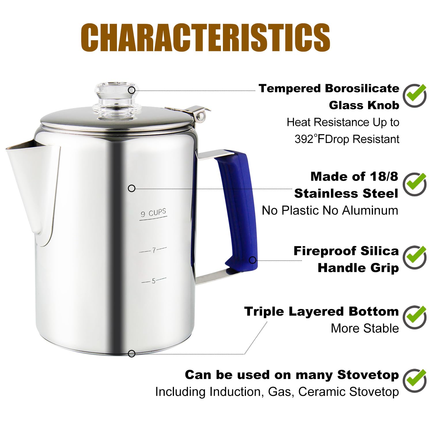 Premium Stainless Steel Stove Top Percolator Coffee Maker - 9 Cup Camping Coffee Pot with Borosilicate Glass Knob & Heat-Resistant Handle for Campfire, Induction Cooker & Home Use - Perfect for Outdoor Adventures & Daily Brewing